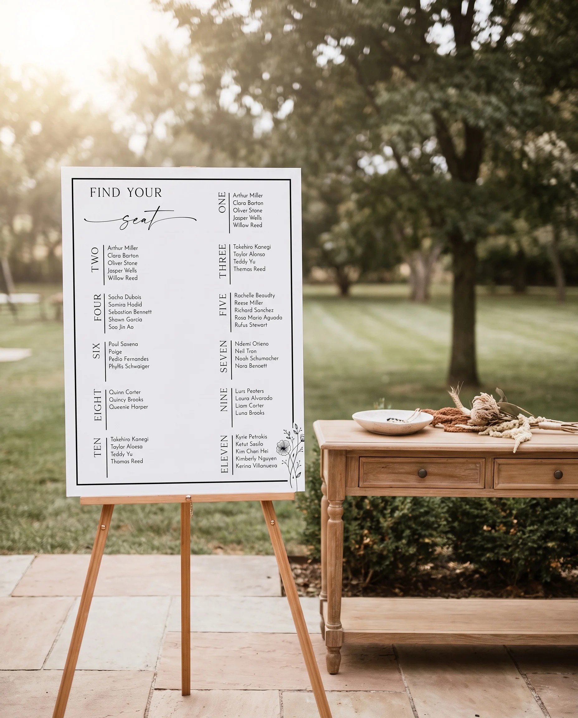 Hush Bloom wedding seating chart — shown beside furniture for scale under soft natural light, wedding seating chart template.