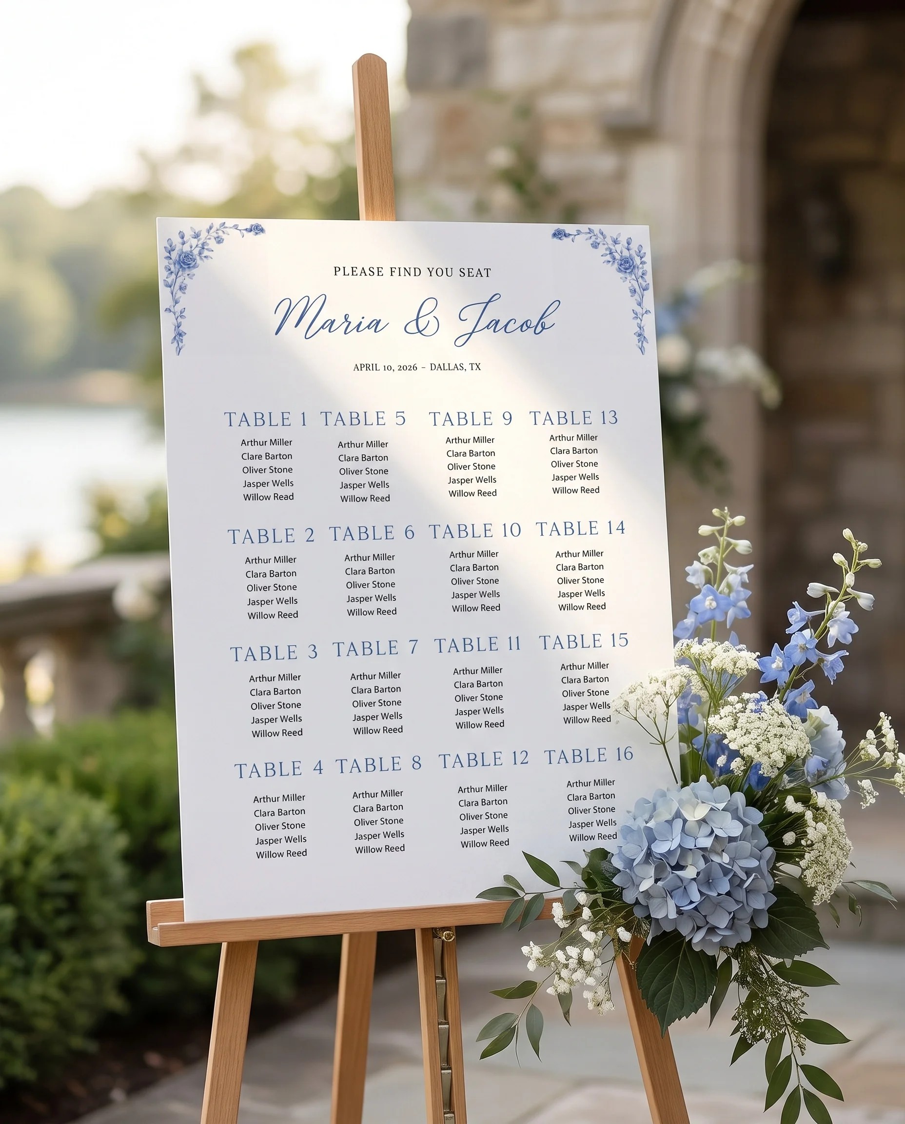 Blue Heron wedding seating chart — single page displayed at a reception entrance in soft natural light, seating chart template