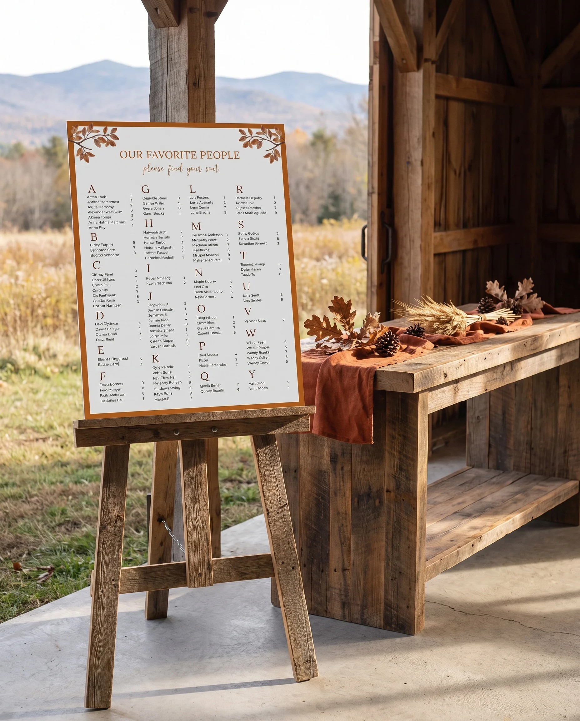 Autumn Vale wedding seating chart — single page shown beside furniture for scale under soft natural light, wedding seating chart template