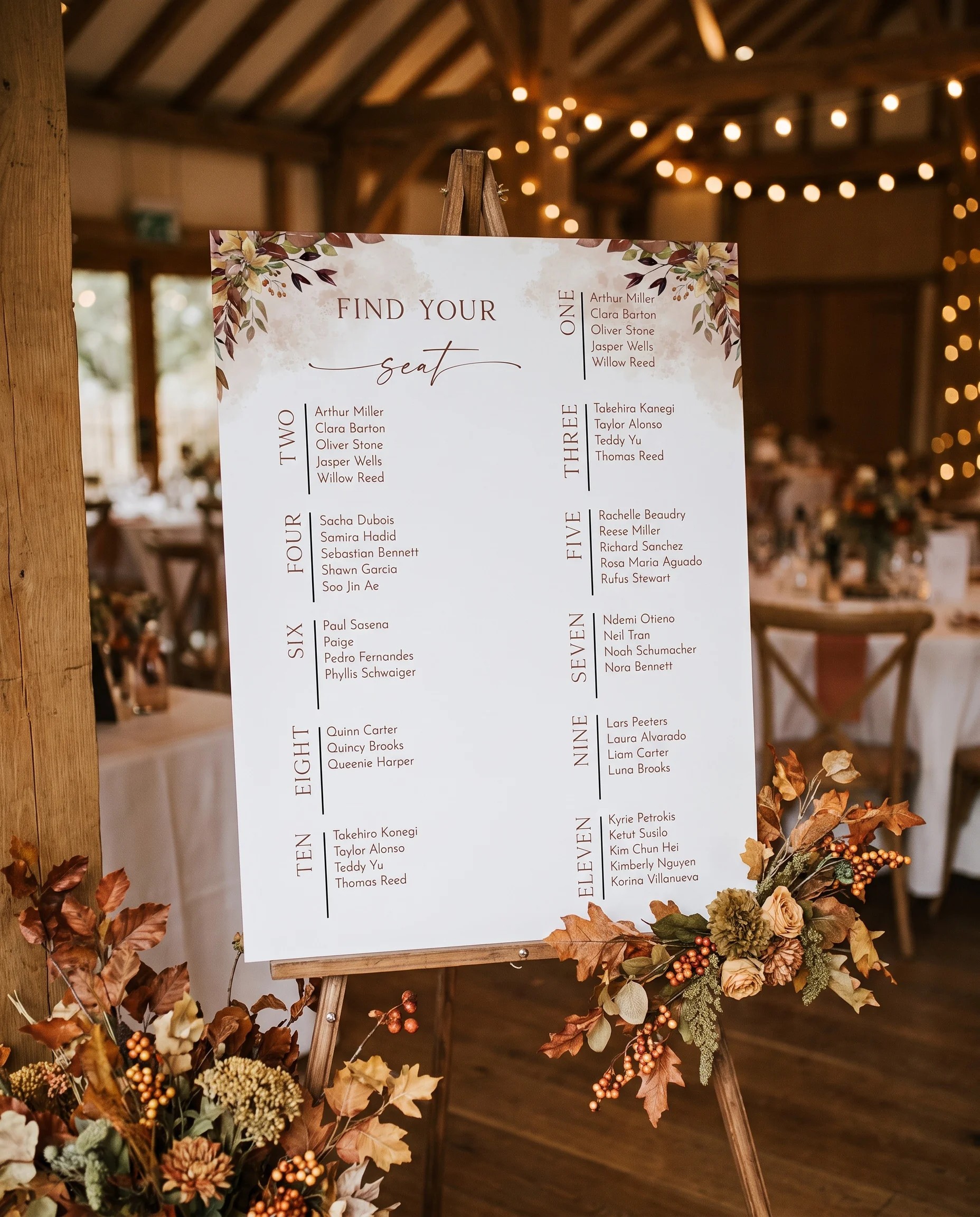 Autumn Bough wedding seating chart — single page shown at a reception entrance under soft natural light, seating chart template