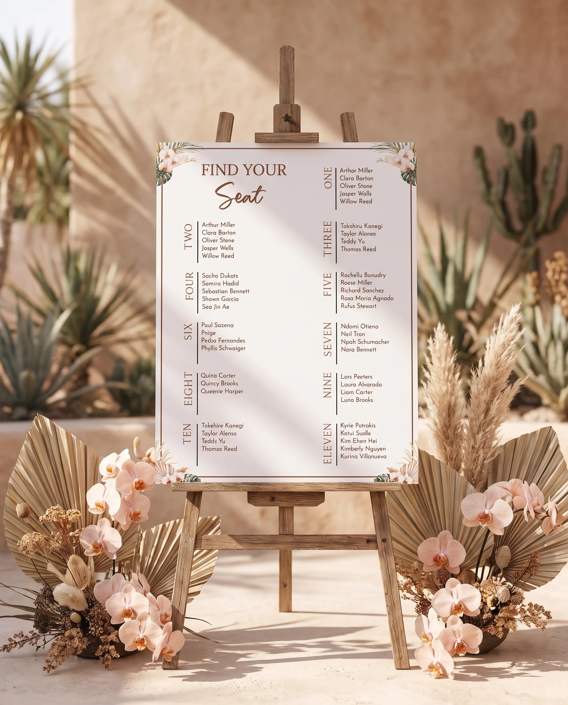 Palm Orchid wedding seating chart — single page displayed on an easel under soft natural light, wedding seating chart.
