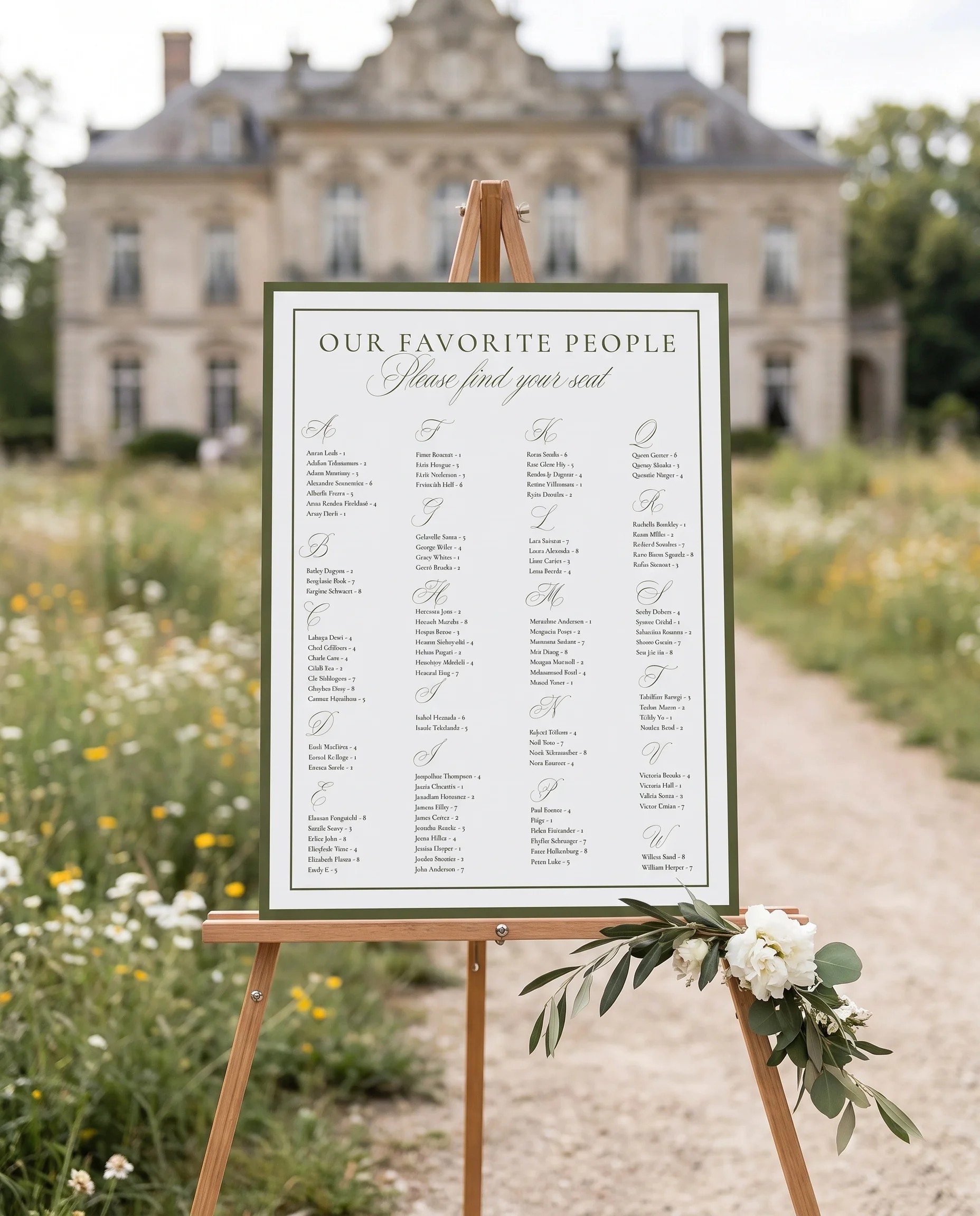 Verdant Filigree wedding seating chart — displayed at a reception entrance under soft natural light, seating chart template.