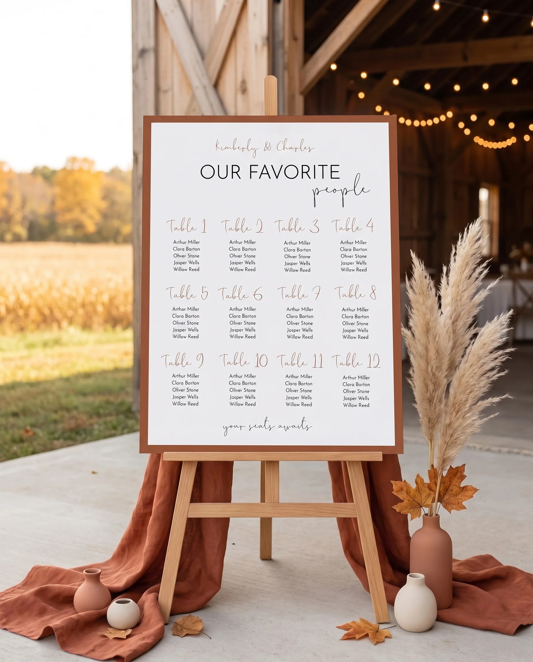 Stevens wedding seating chart — displayed at a reception entrance under soft natural light with a slight overhead angle, seating chart template