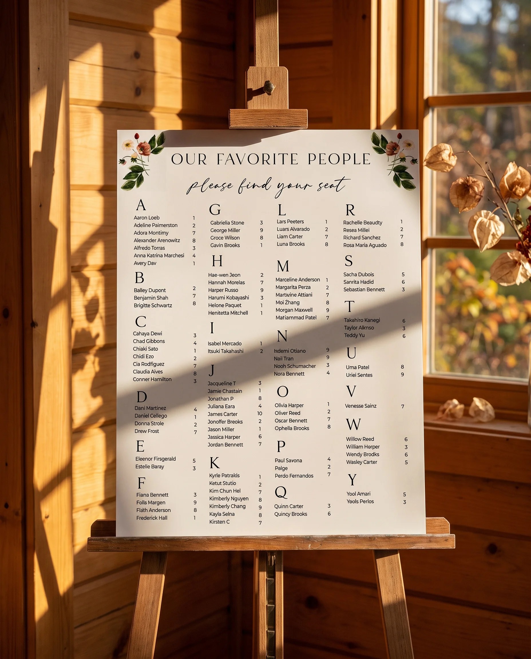 Eucalyptus Bloom wedding seating chart — displayed on an easel under soft natural light, premium editorial paper wedding seating chart.
