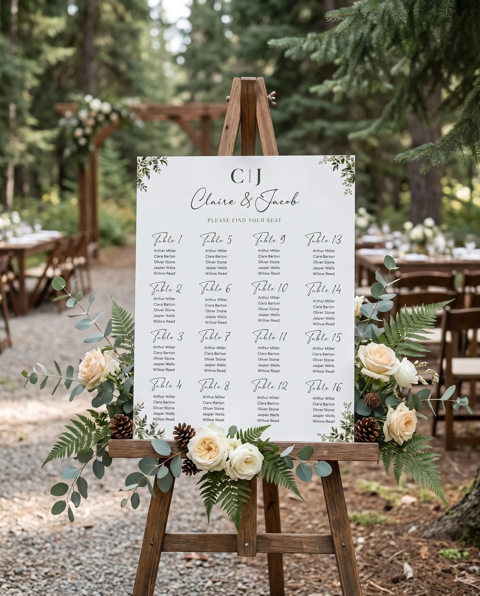 Canopy Grove wedding seating chart — single page displayed at a reception entrance under soft natural light, seating chart template