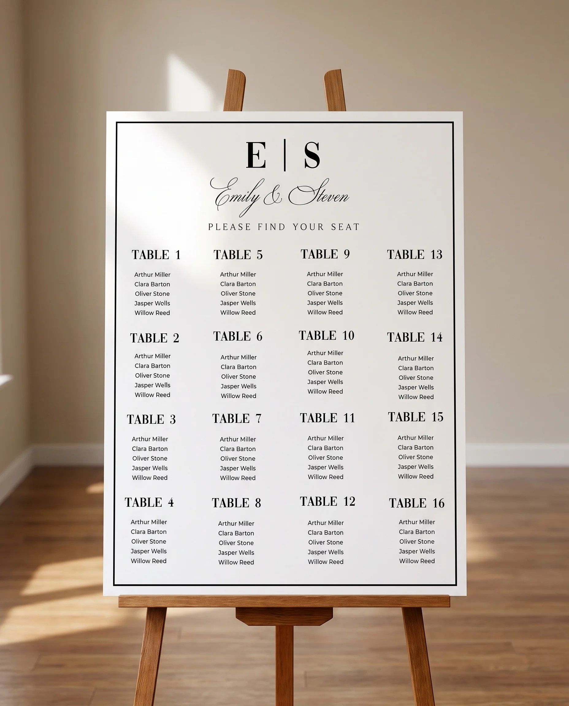 Crestline wedding seating chart — displayed on an easel under soft natural light with a slight overhead angle, wedding seating chart.