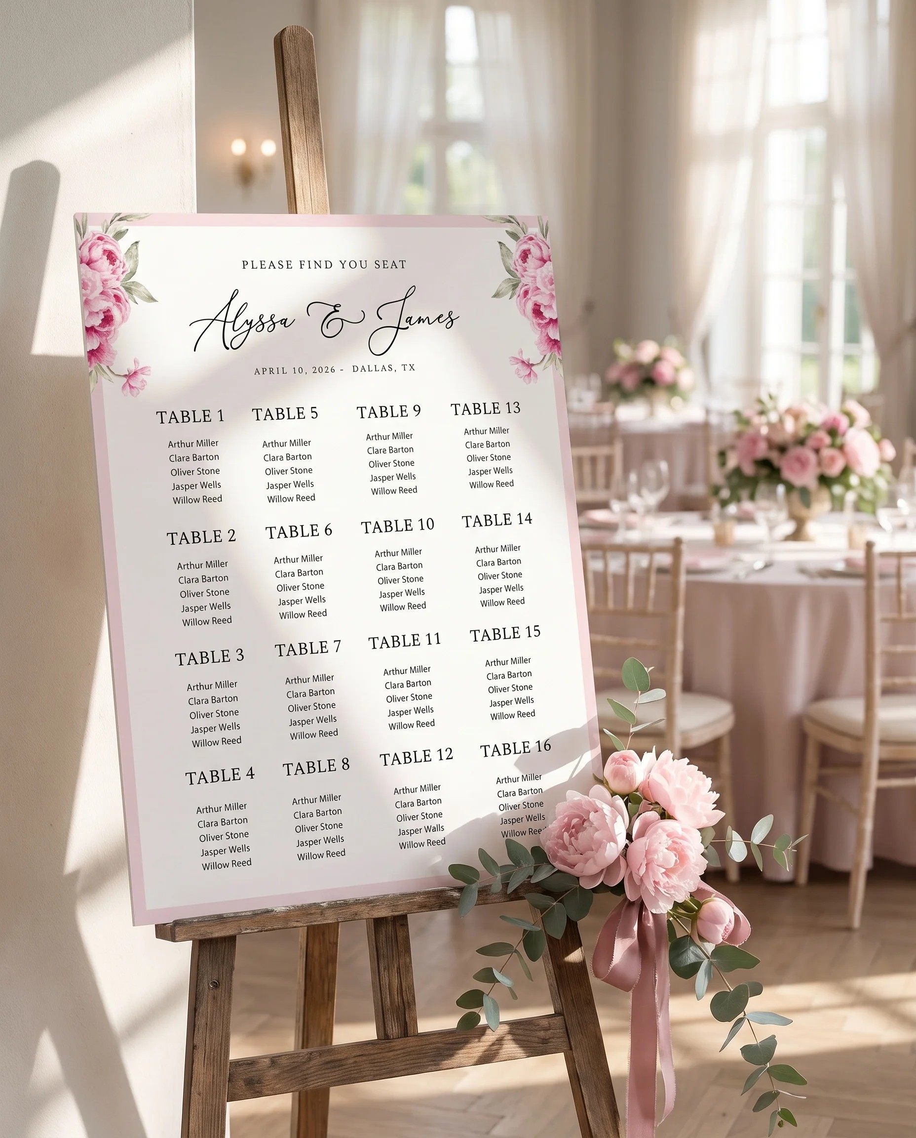 Blush Peony wedding seating chart — displayed at a reception entrance under soft natural light, seating chart template