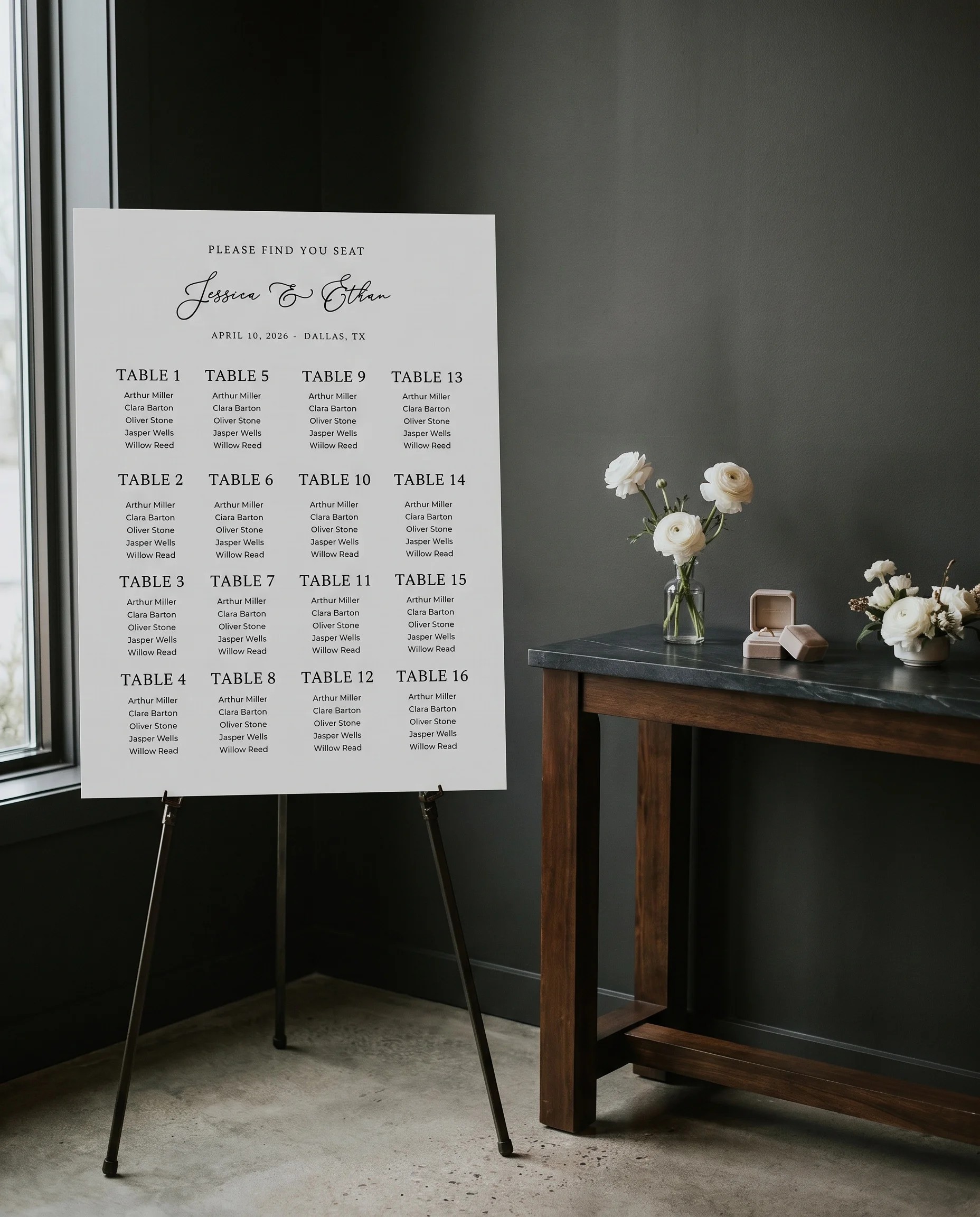 Monochrome Veil wedding seating chart — shown beside furniture for scale under soft natural light, wedding seating chart template