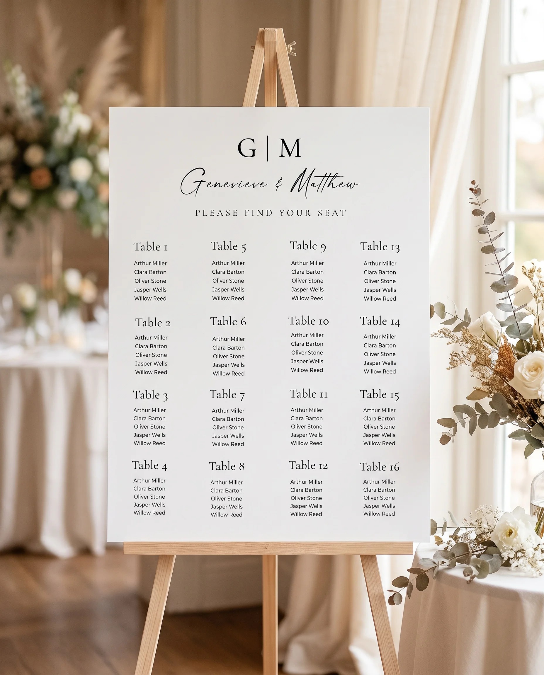 Arcadia wedding seating chart — displayed at a reception entrance under soft natural light with a slight overhead angle, seating chart template.