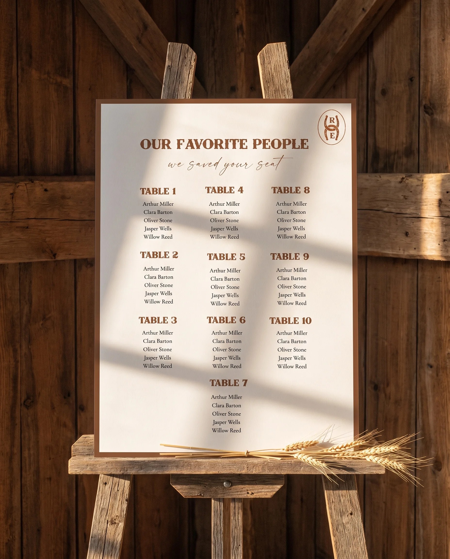 Saddle Crest wedding seating chart — single page displayed on an easel under soft natural light, premium editorial wedding seating chart.