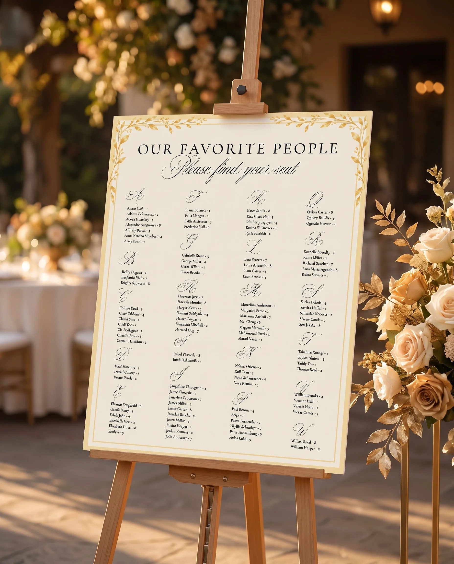 Gilded Bough wedding seating chart — single page shown at a reception entrance under soft natural light, seating chart template