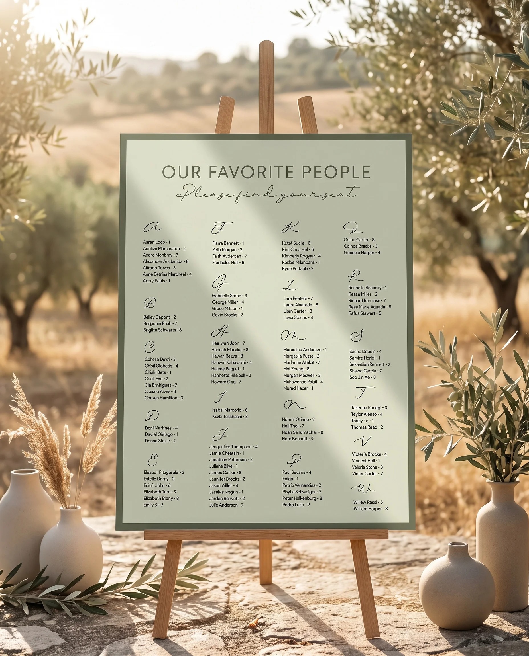 Manor Etching wedding seating chart — single page displayed on an easel under soft natural light, wedding seating chart