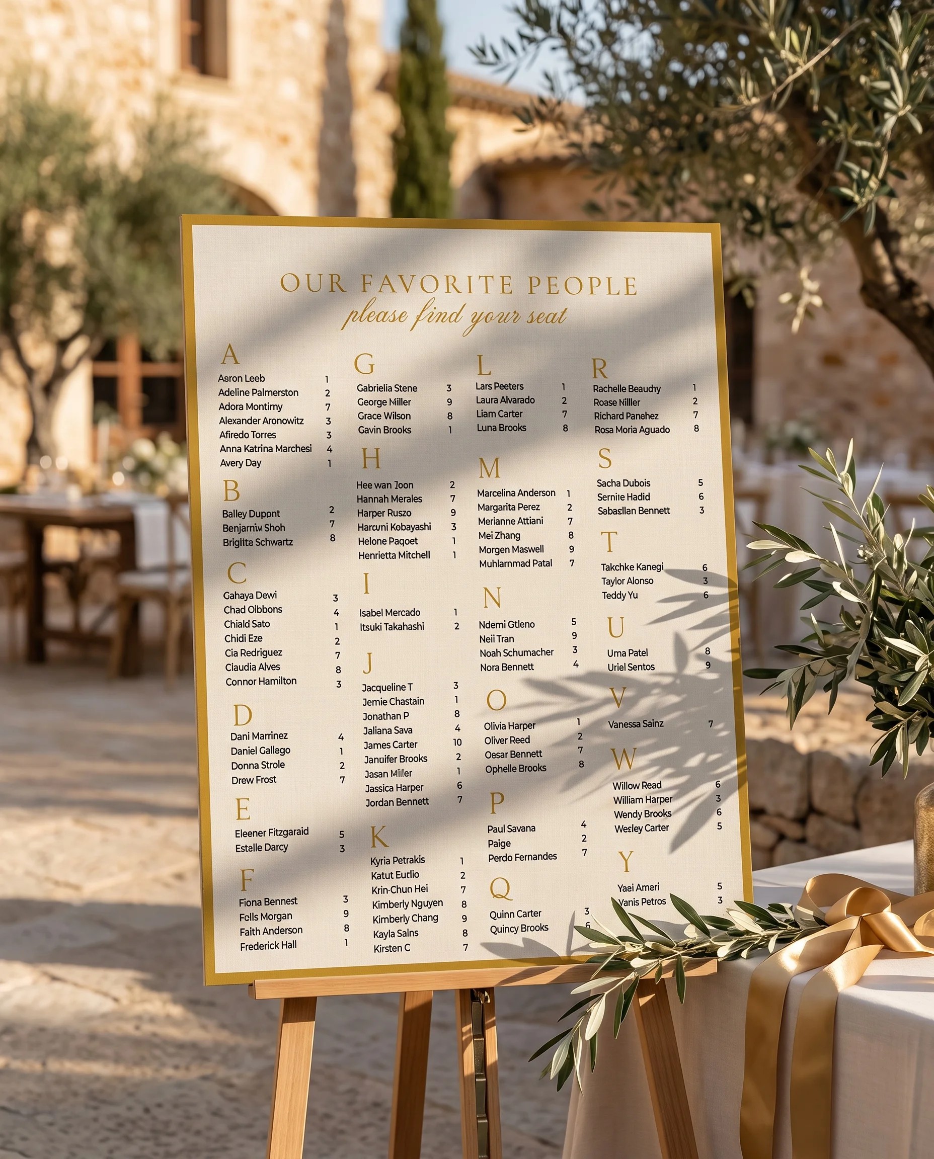 Gilded Arrow wedding seating chart — single page displayed at a reception entrance under soft natural light, seating chart template