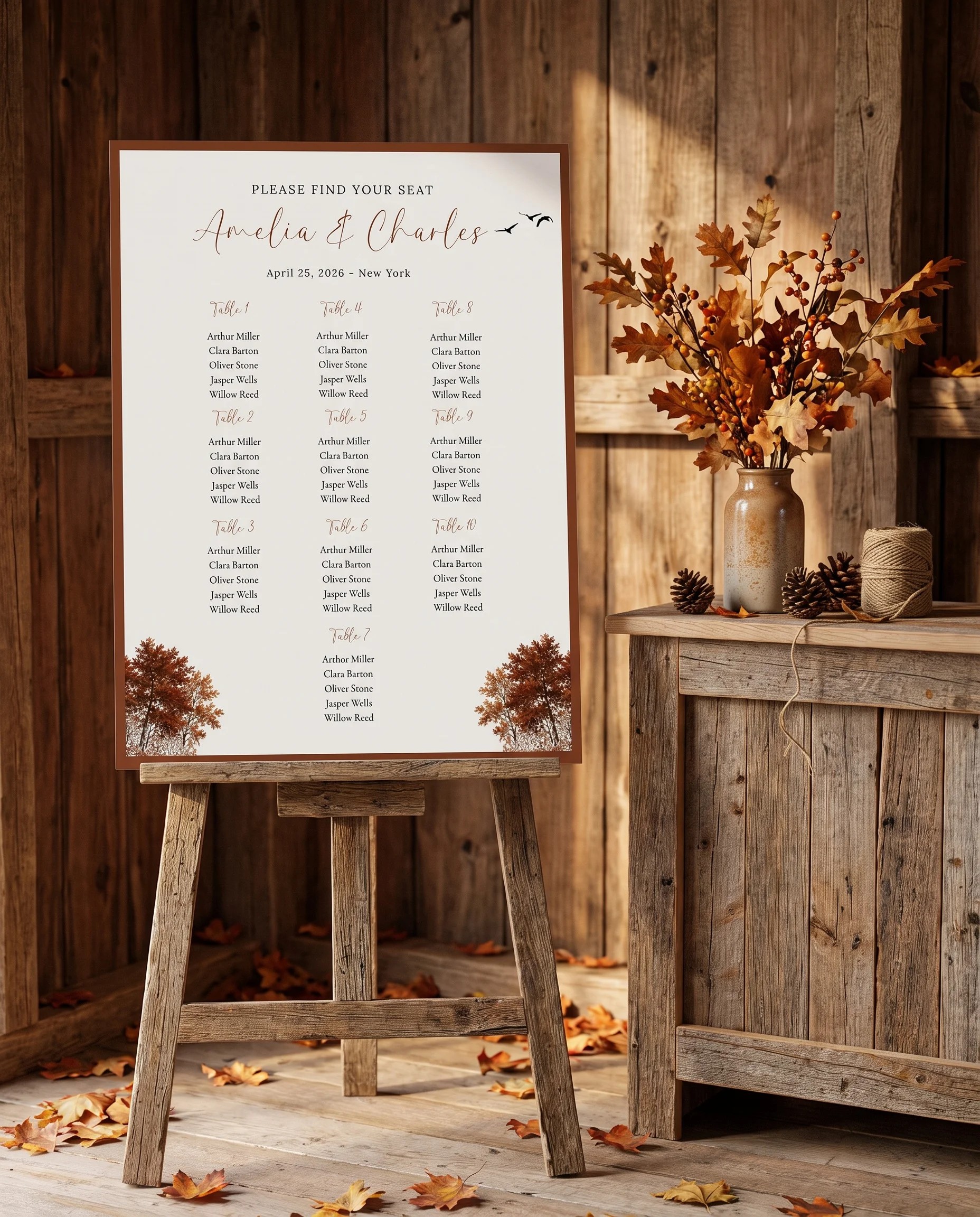 Timberline Reverie wedding seating chart — shown beside furniture for scale under soft natural light, wedding seating chart template
