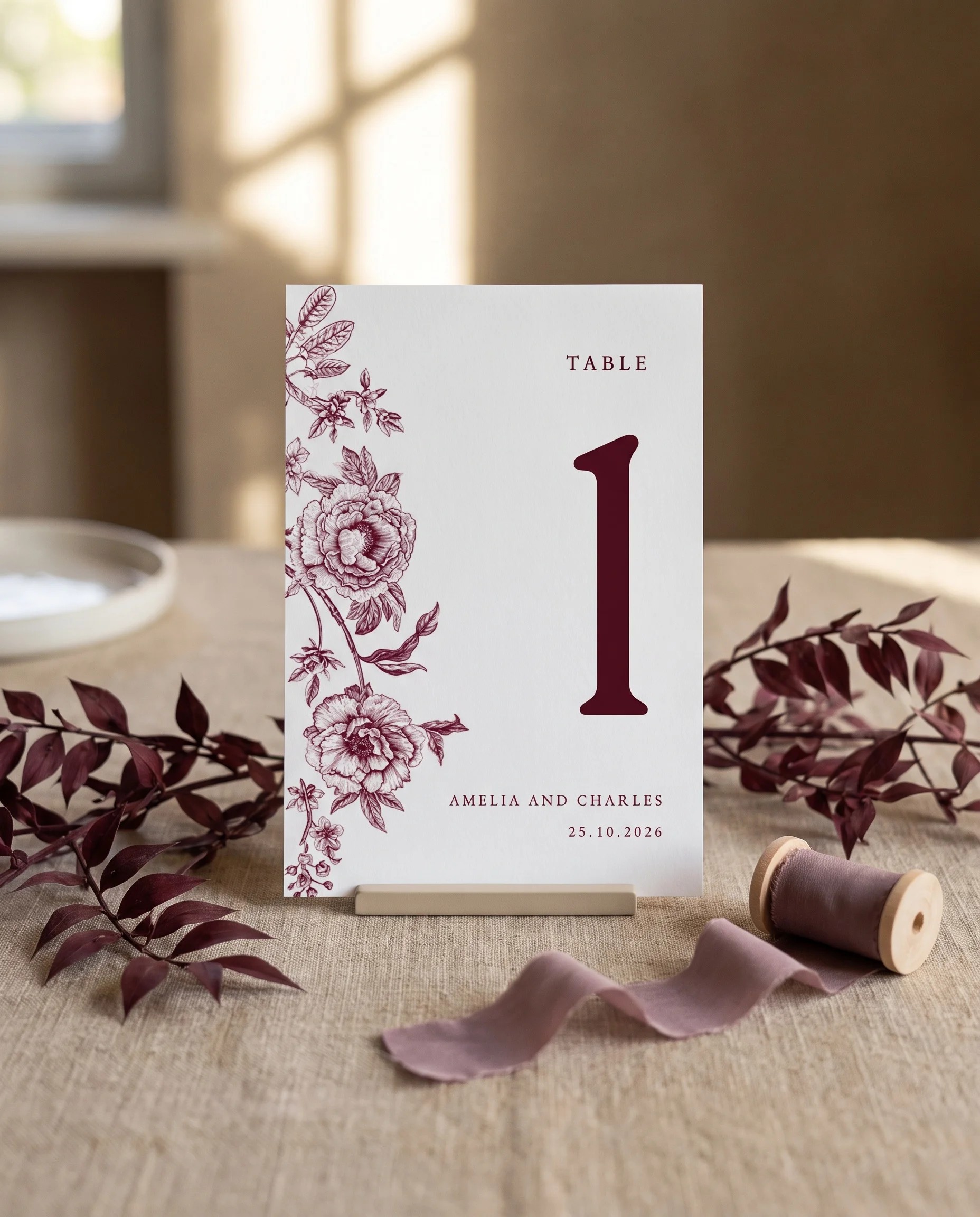 Chantilly wedding table number — standing upright on a dressed table, captured from a slight overhead angle in soft natural light, table numbers wedding.