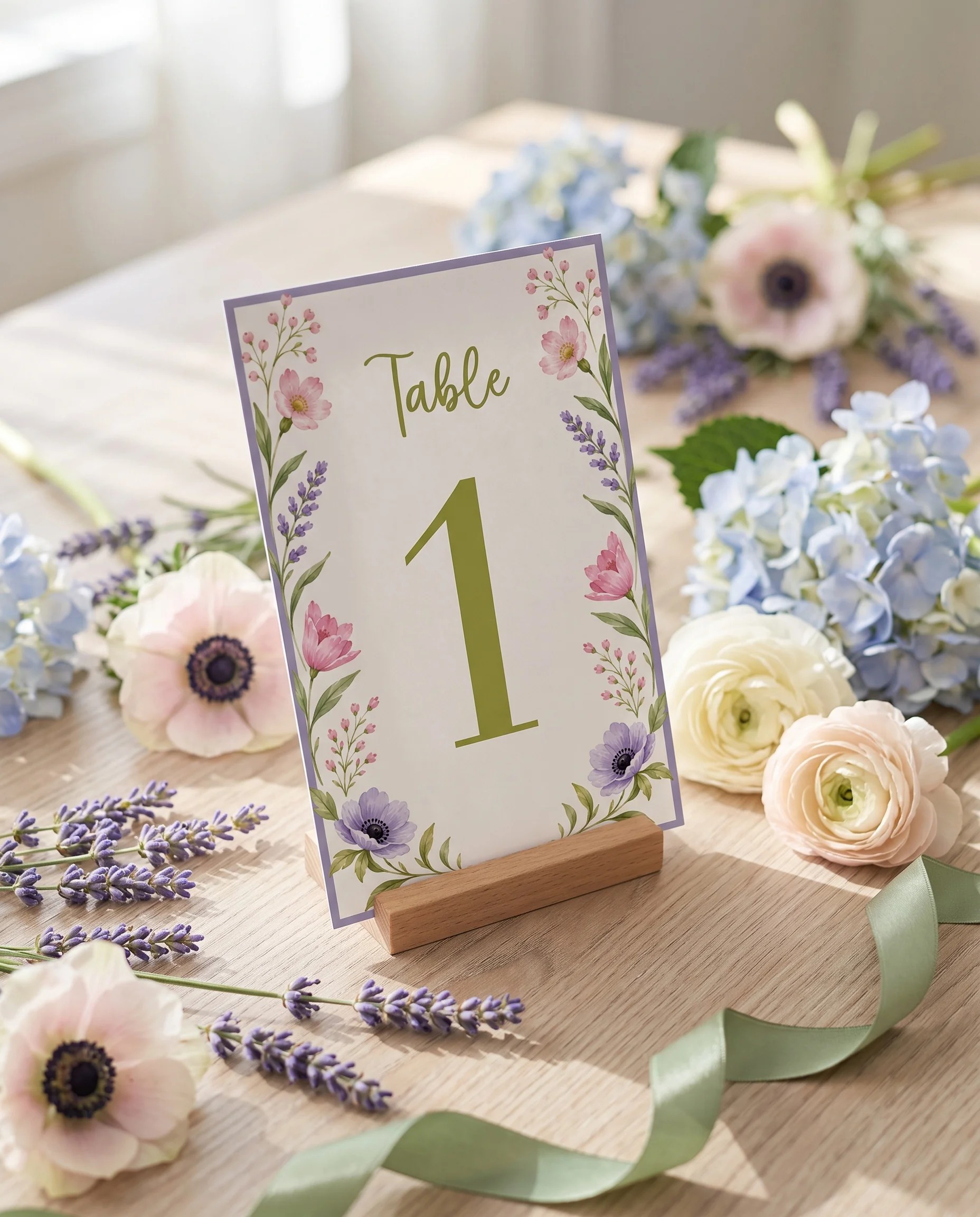 Anemone Toast wedding table number — standing upright on a dressed table under soft natural light, table numbers wedding