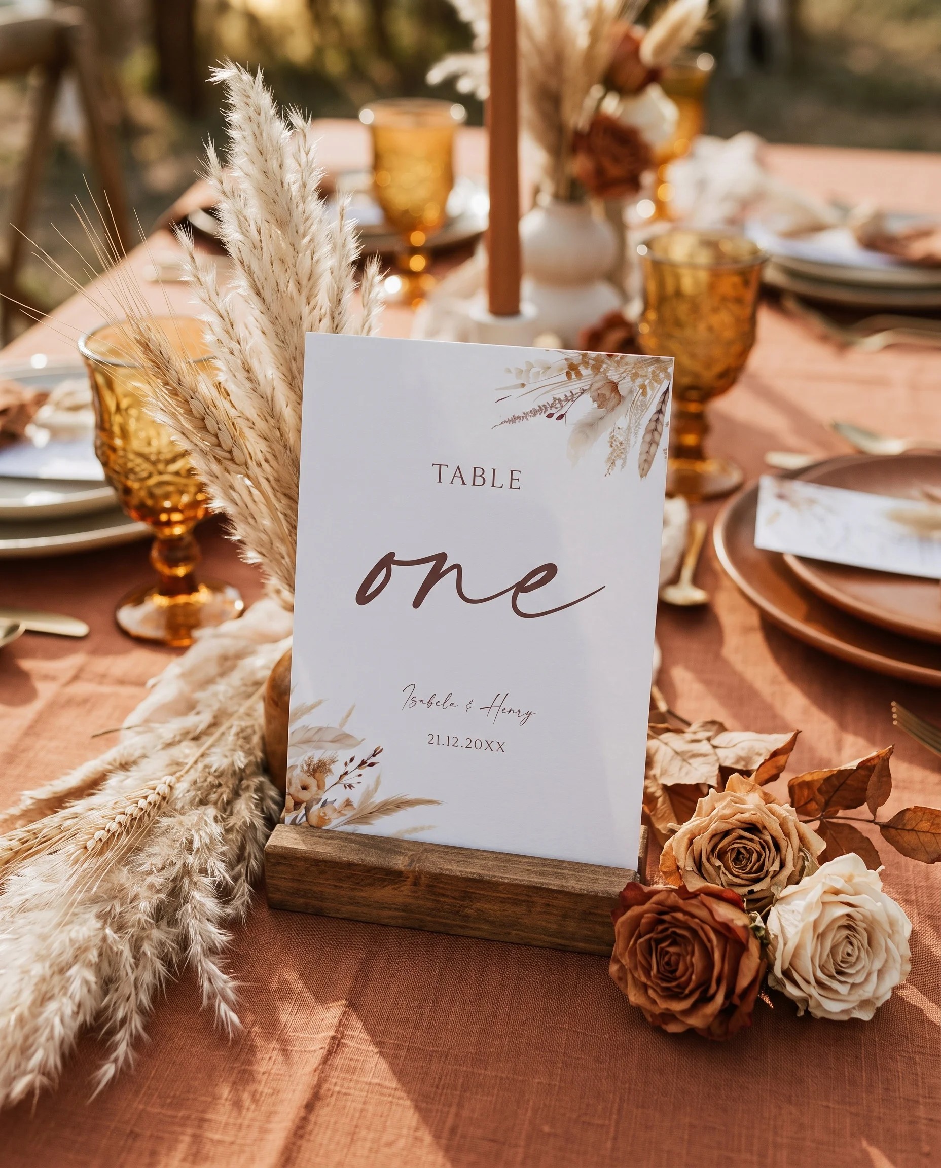 Harvest Script wedding table number — standing upright on a dressed table under soft natural light, table numbers wedding