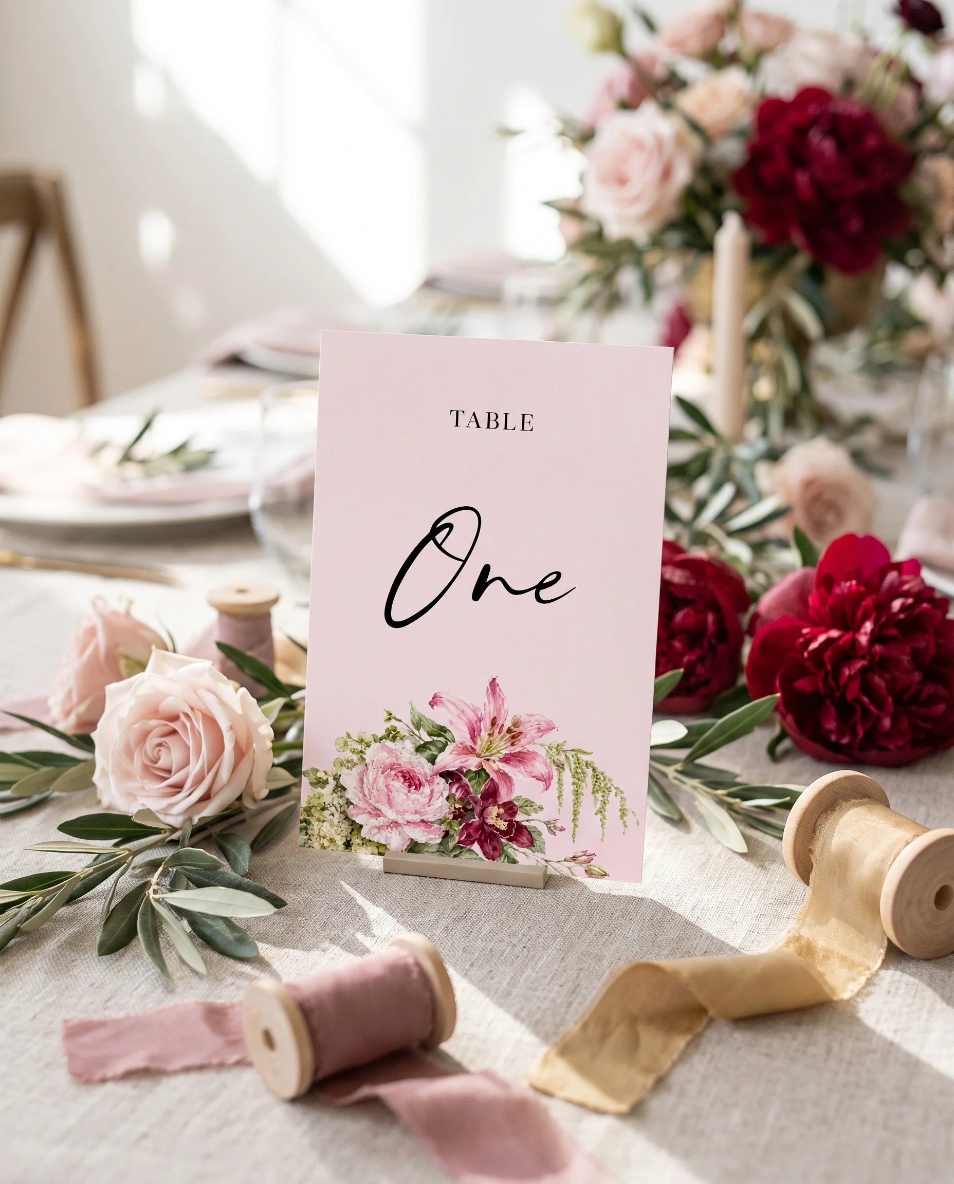 Rosevale wedding table number — standing upright on a dressed table under soft natural light, table numbers wedding
