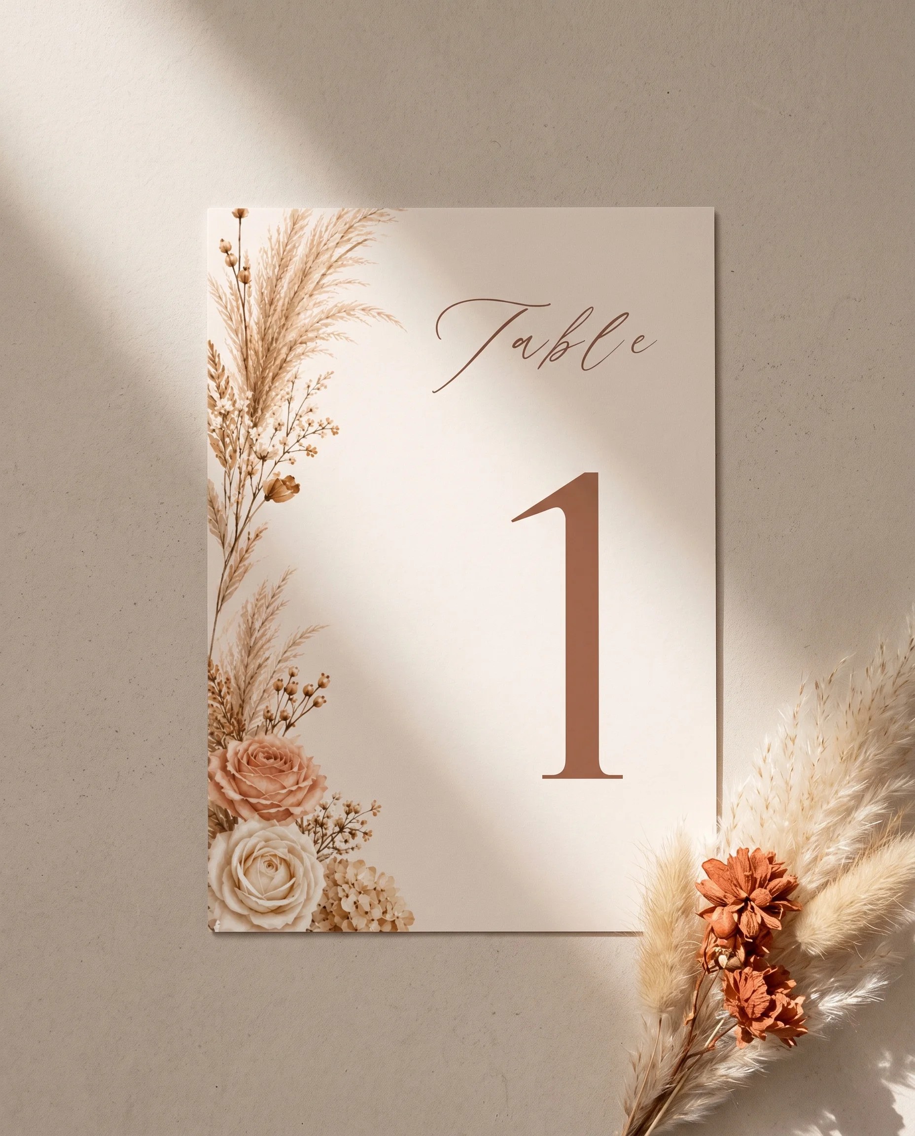Pampas Hush wedding table number — flat lay view under soft natural light with premium editorial paper, wedding table numbers.