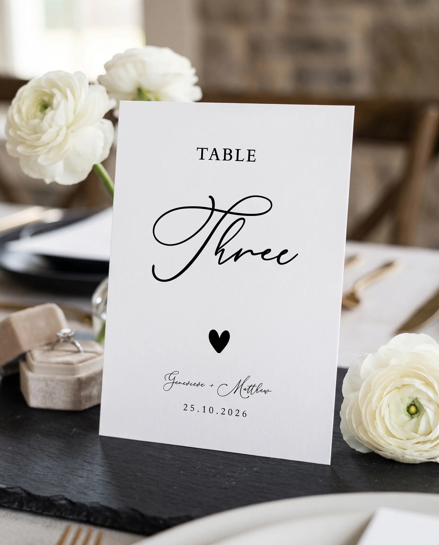 Monochrome Veil wedding table number — standing upright on a dressed table under soft natural light, table numbers wedding.