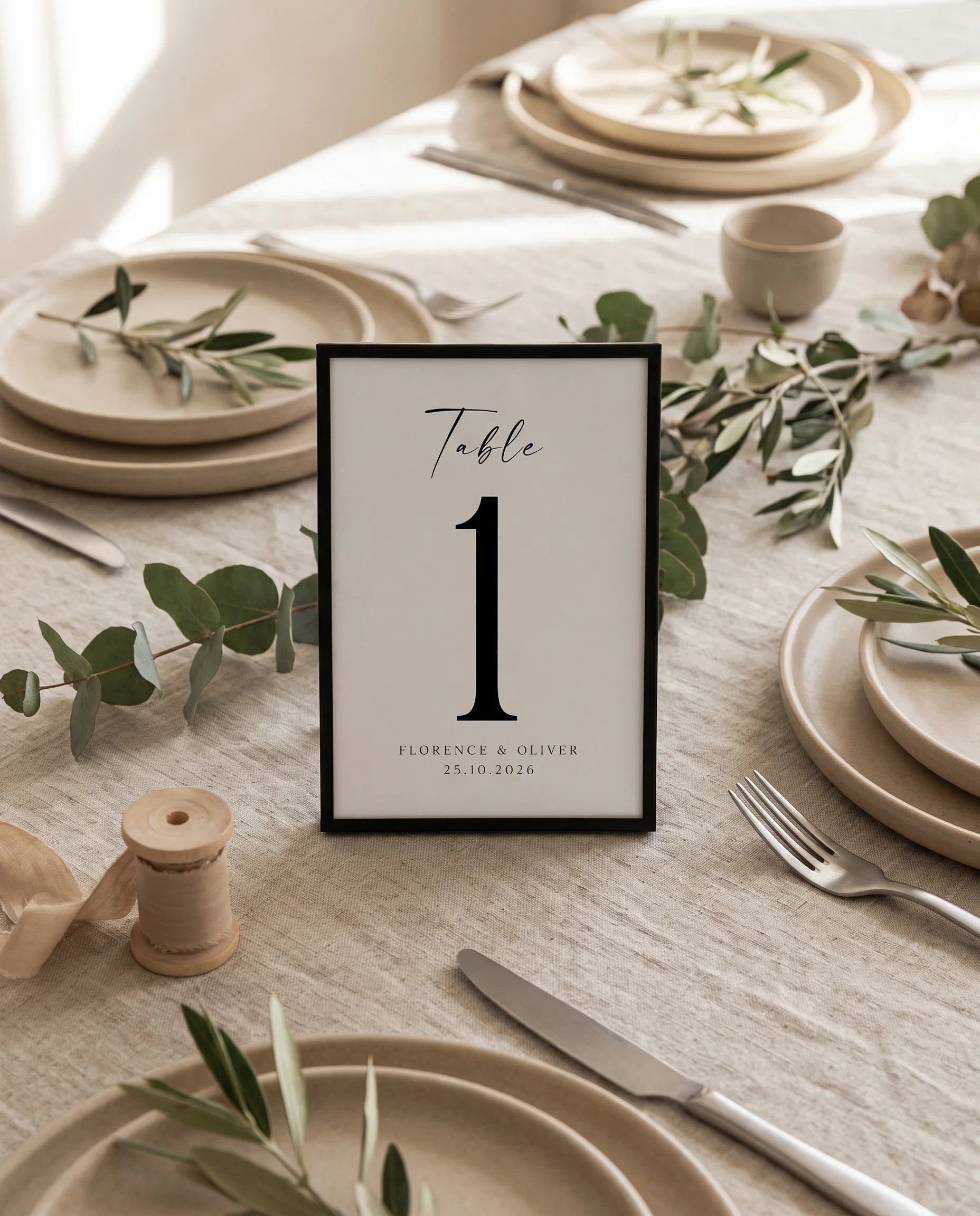 Lumen Frame wedding table number — standing upright on a dressed table under soft natural light, table numbers wedding.