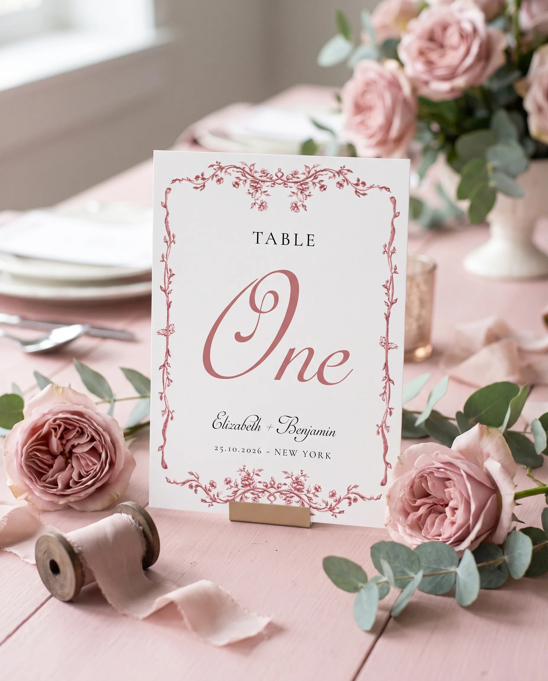 Rosewood Trellis wedding table number — standing on a dressed table under soft natural light, slight overhead angle, table numbers wedding