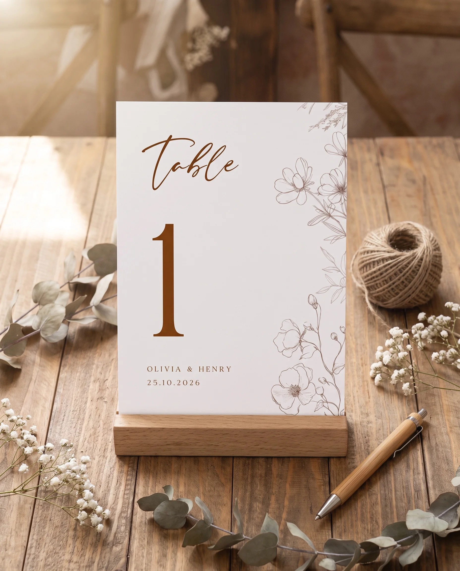 Arrow Bloom wedding table number — the number standing on a dressed table under soft natural light, table numbers wedding.