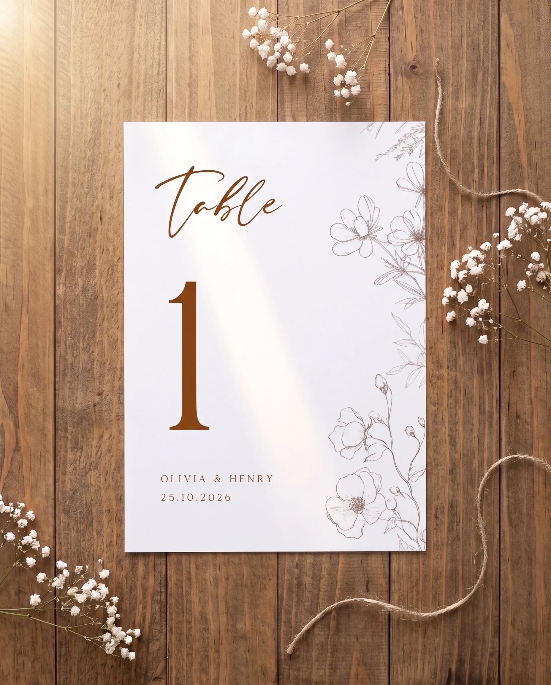 Arrow Bloom wedding table number — shown flat under soft natural light with a slight overhead angle, wedding table numbers
