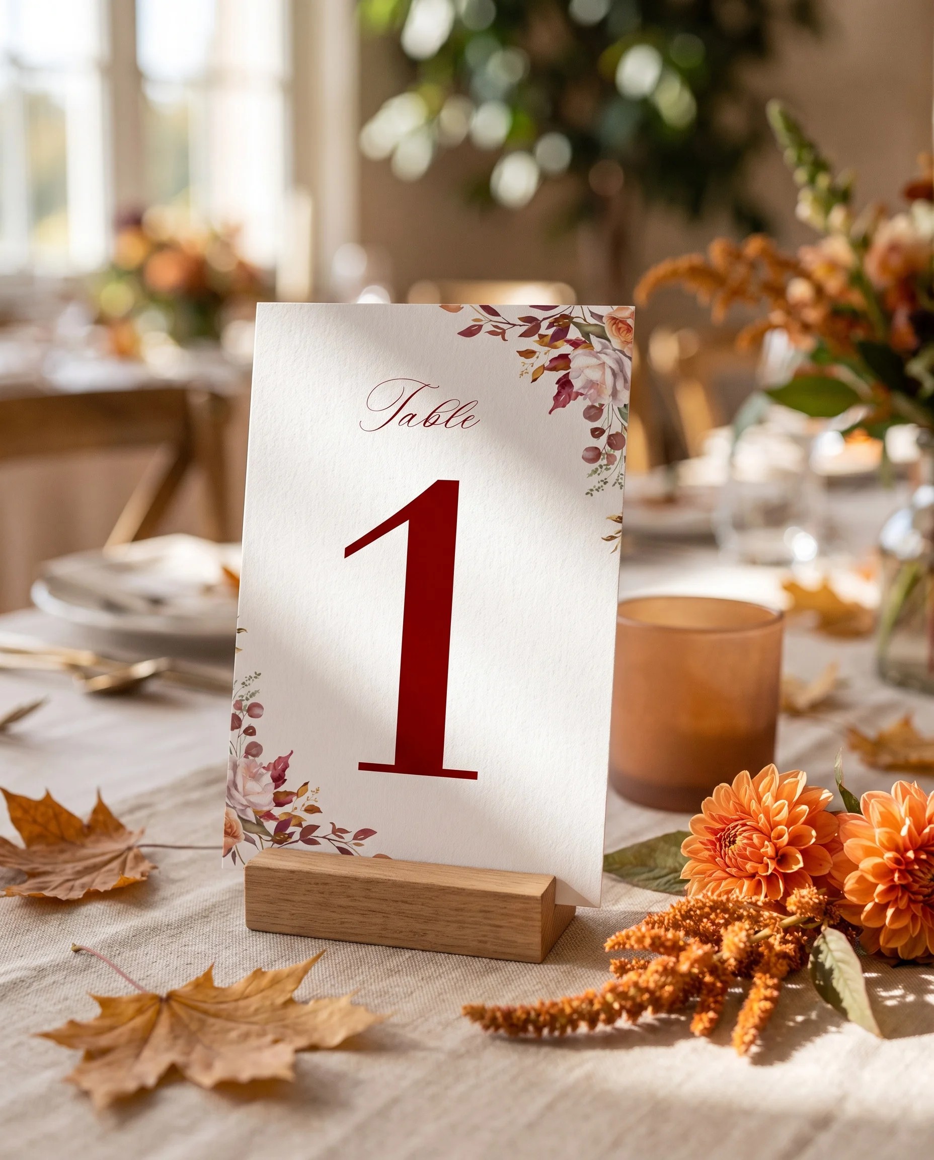 Autumn Blush wedding table number — single card standing upright on a dressed table in soft natural light, table numbers wedding.