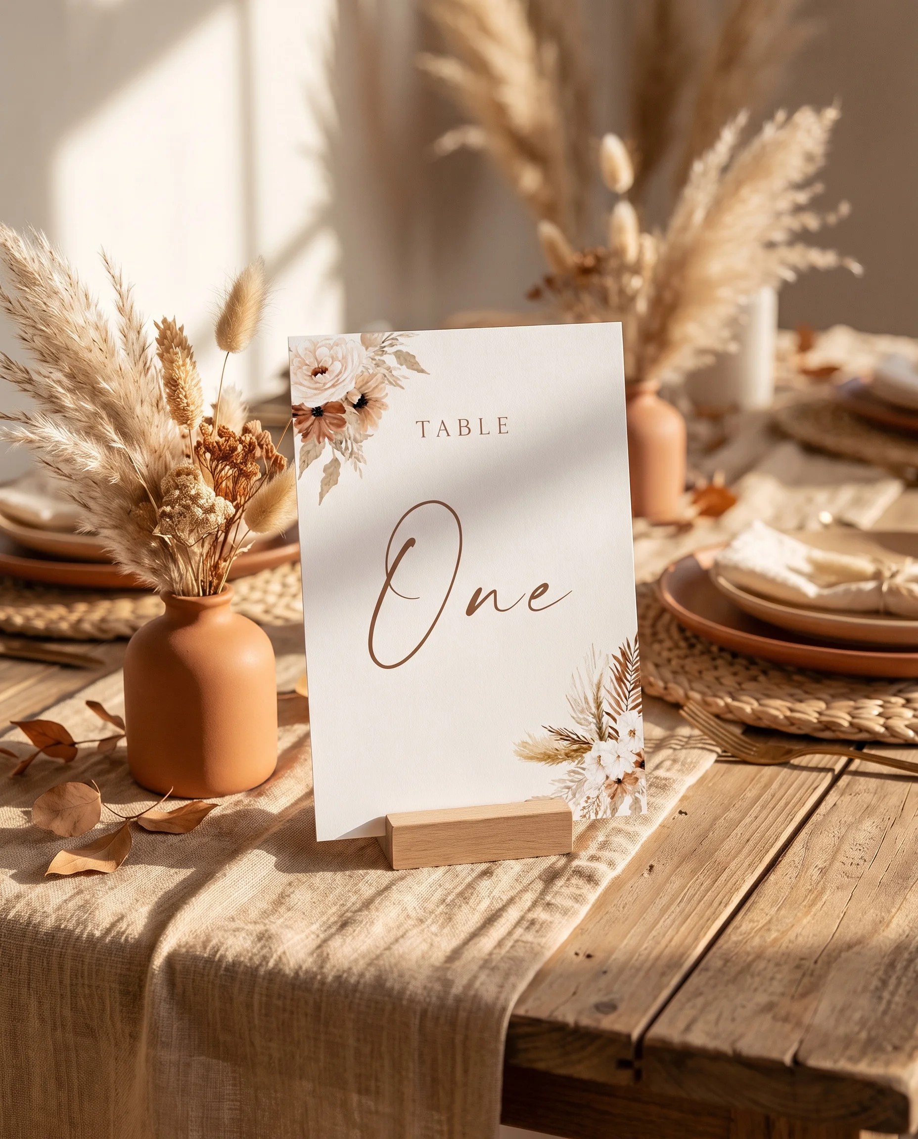 Pampas Bloom wedding table number — standing upright on a dressed table under soft natural light, table numbers wedding.