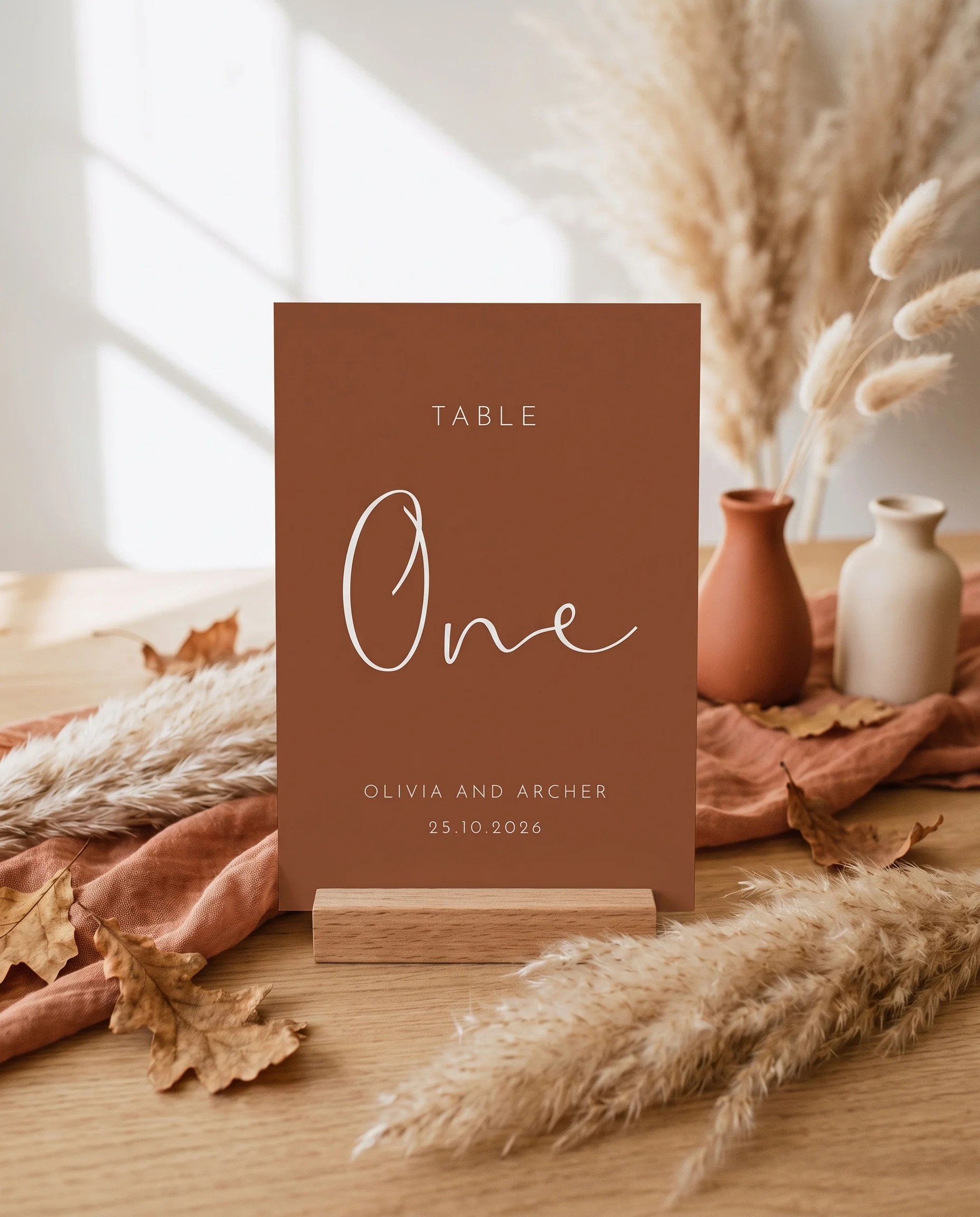 Stevens wedding table number — standing upright on a dressed table under soft natural light, table numbers wedding.