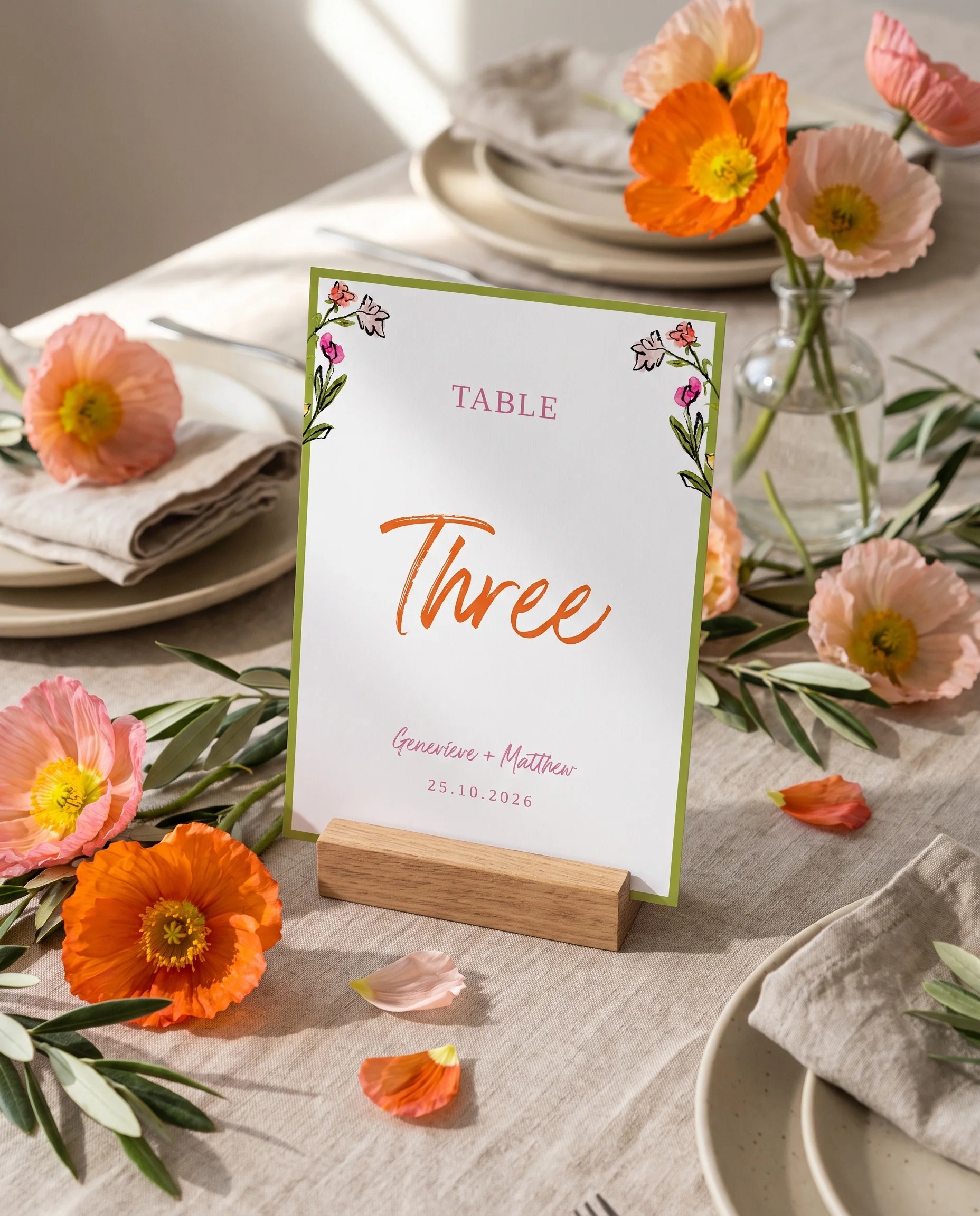 Poppy Court wedding table number — standing upright on a dressed table under soft natural light, table numbers wedding.