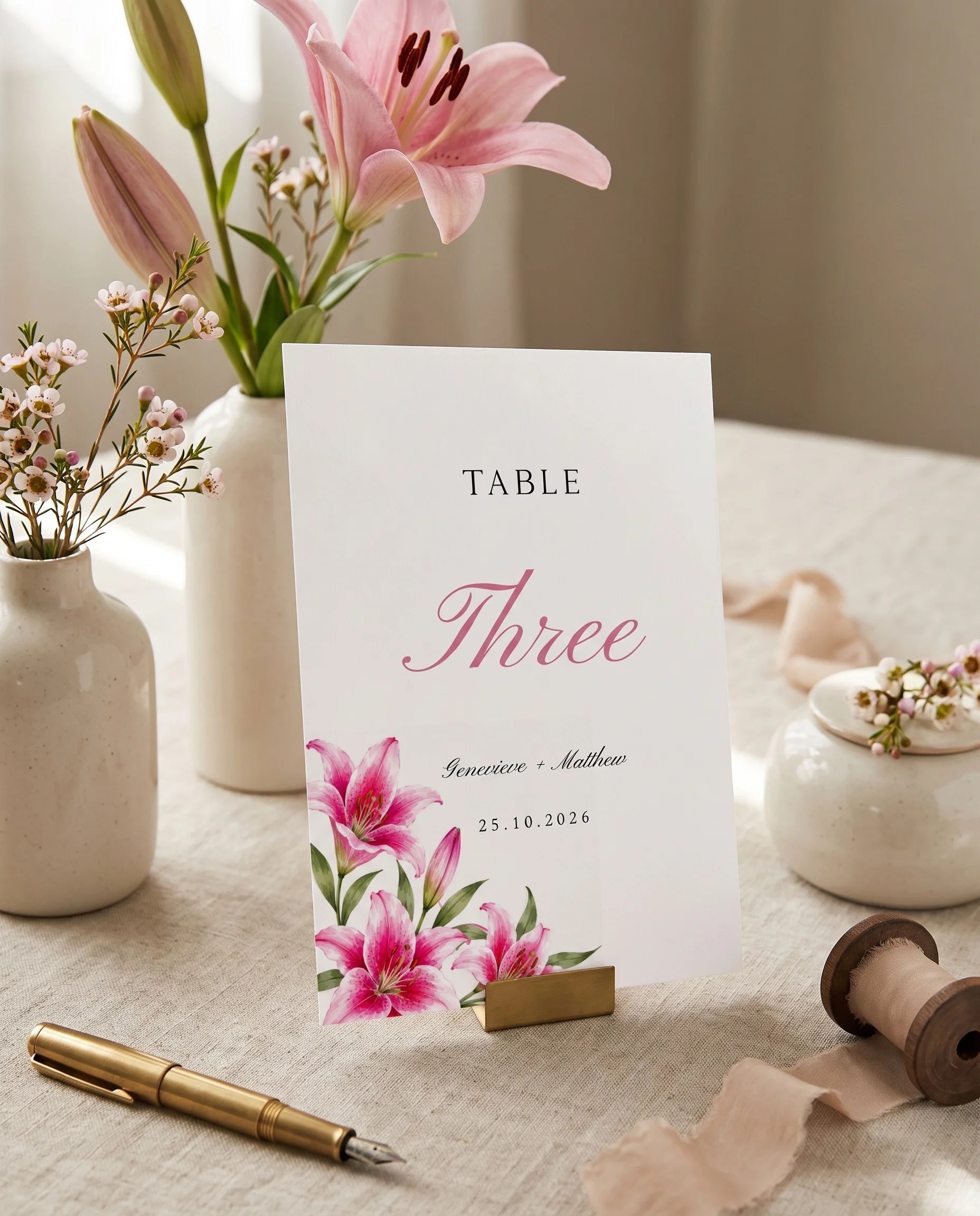 Lily Bloom wedding table number — standing upright on a dressed table under soft natural light, table numbers wedding