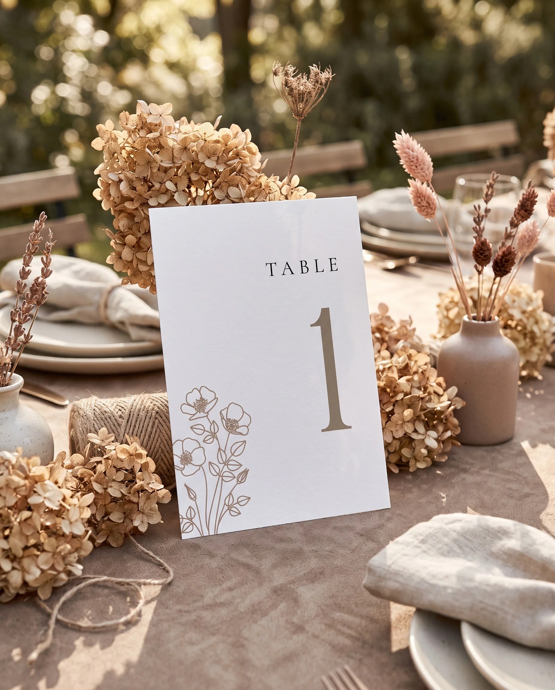 Anemora wedding table number — standing upright on a dressed table under soft natural light, table numbers wedding