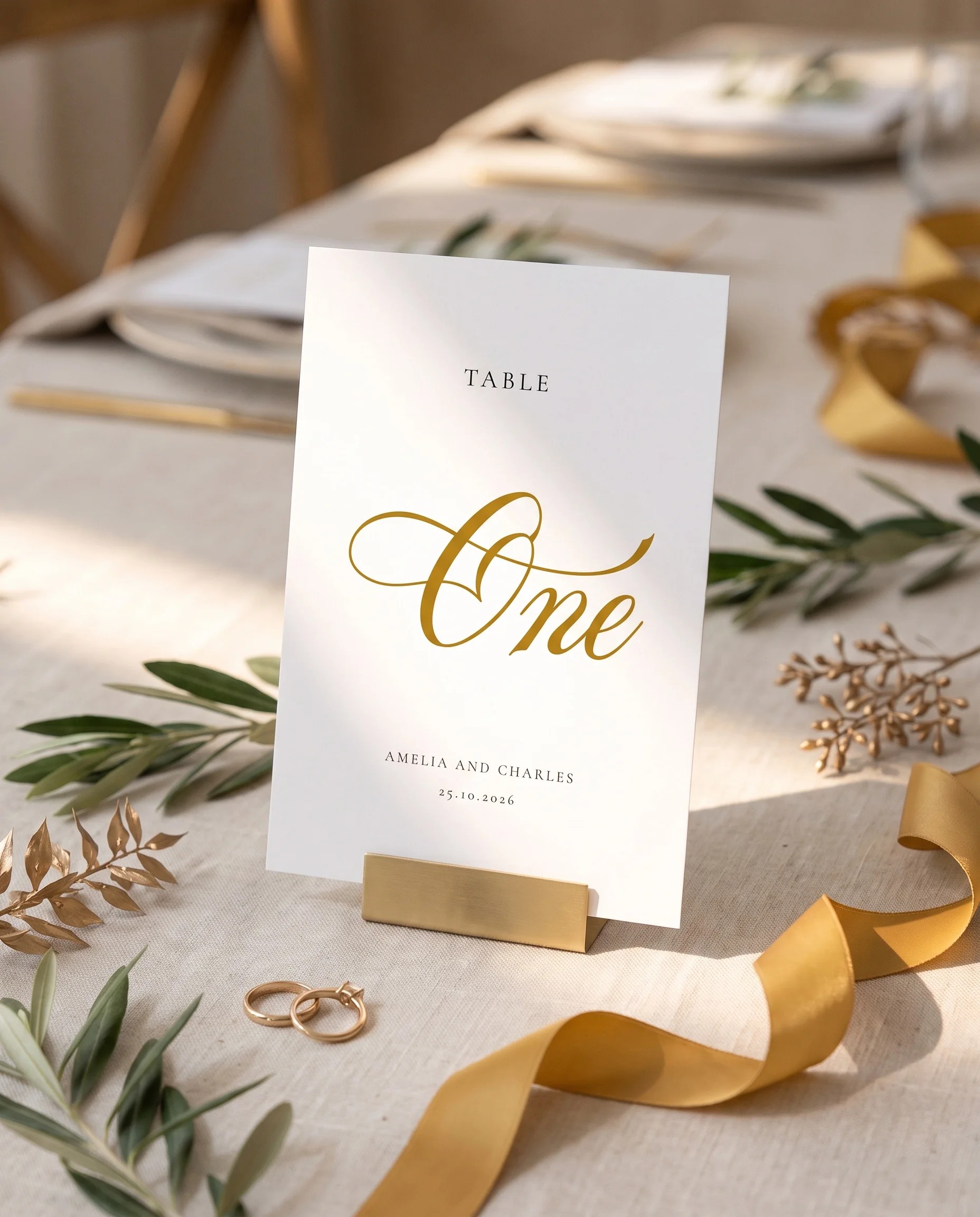 Gilded Arrow wedding table number — standing upright on a dressed table under soft natural light, table numbers wedding