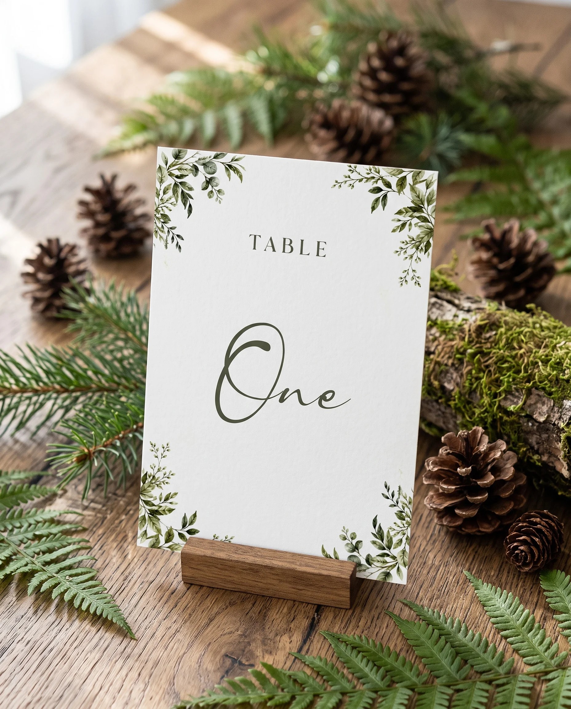 Canopy Grove wedding table number — standing upright on a dressed table under soft natural light, table numbers wedding.