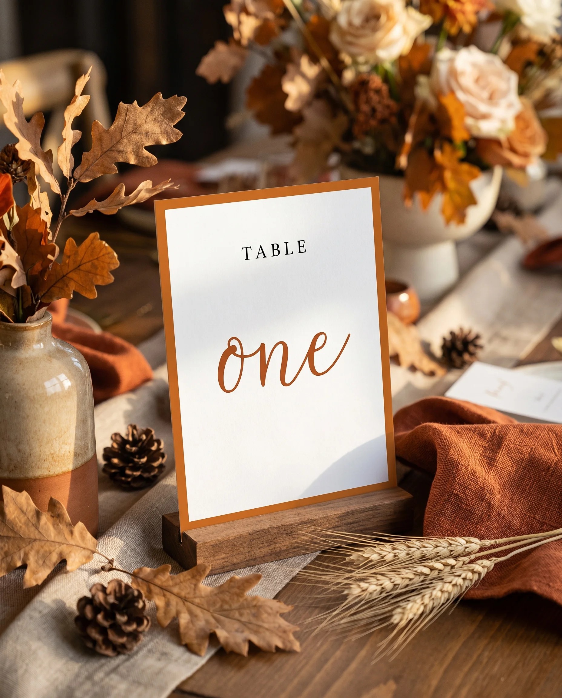 Autumn Vale wedding table number — standing upright on a dressed table under soft natural light, table numbers wedding