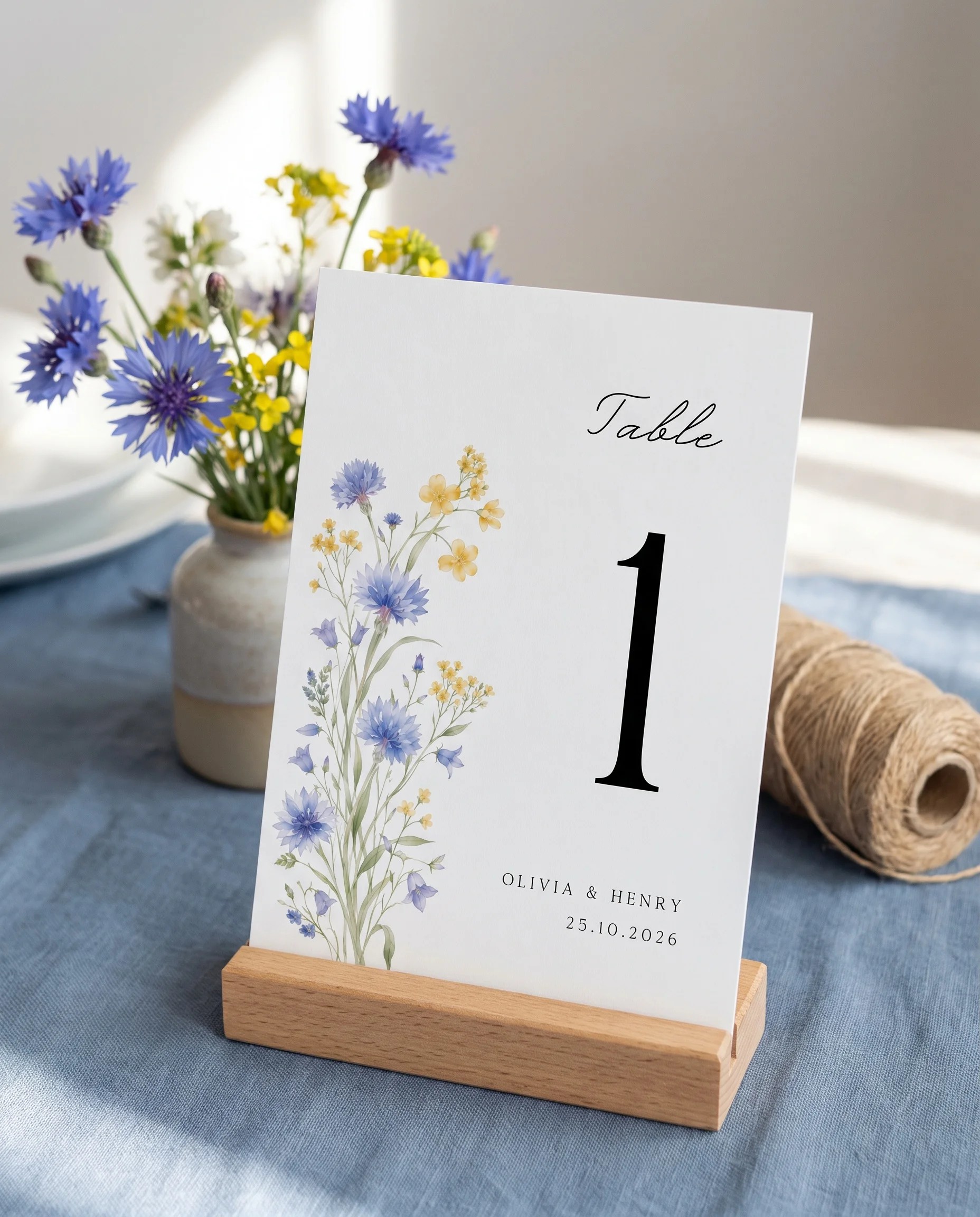 Cornflower wedding table number — standing upright on a dressed table under soft overhead light, table numbers wedding