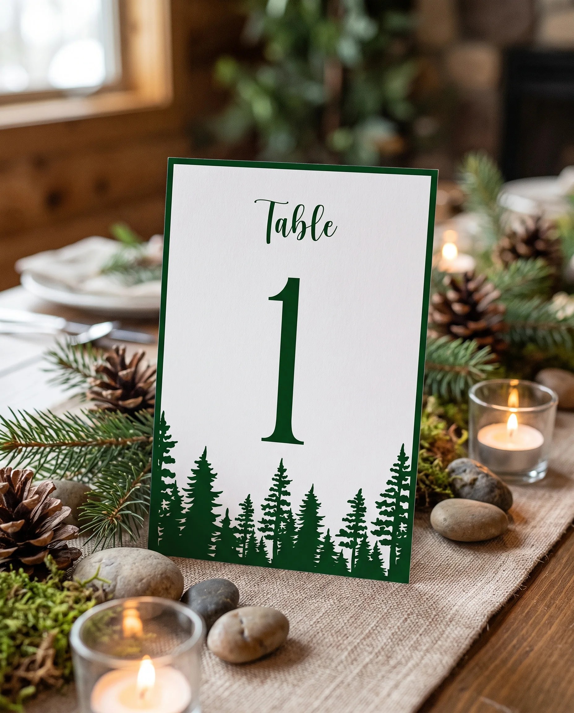 Evergreen Star wedding table number — standing upright on a dressed table under soft natural light, table numbers wedding