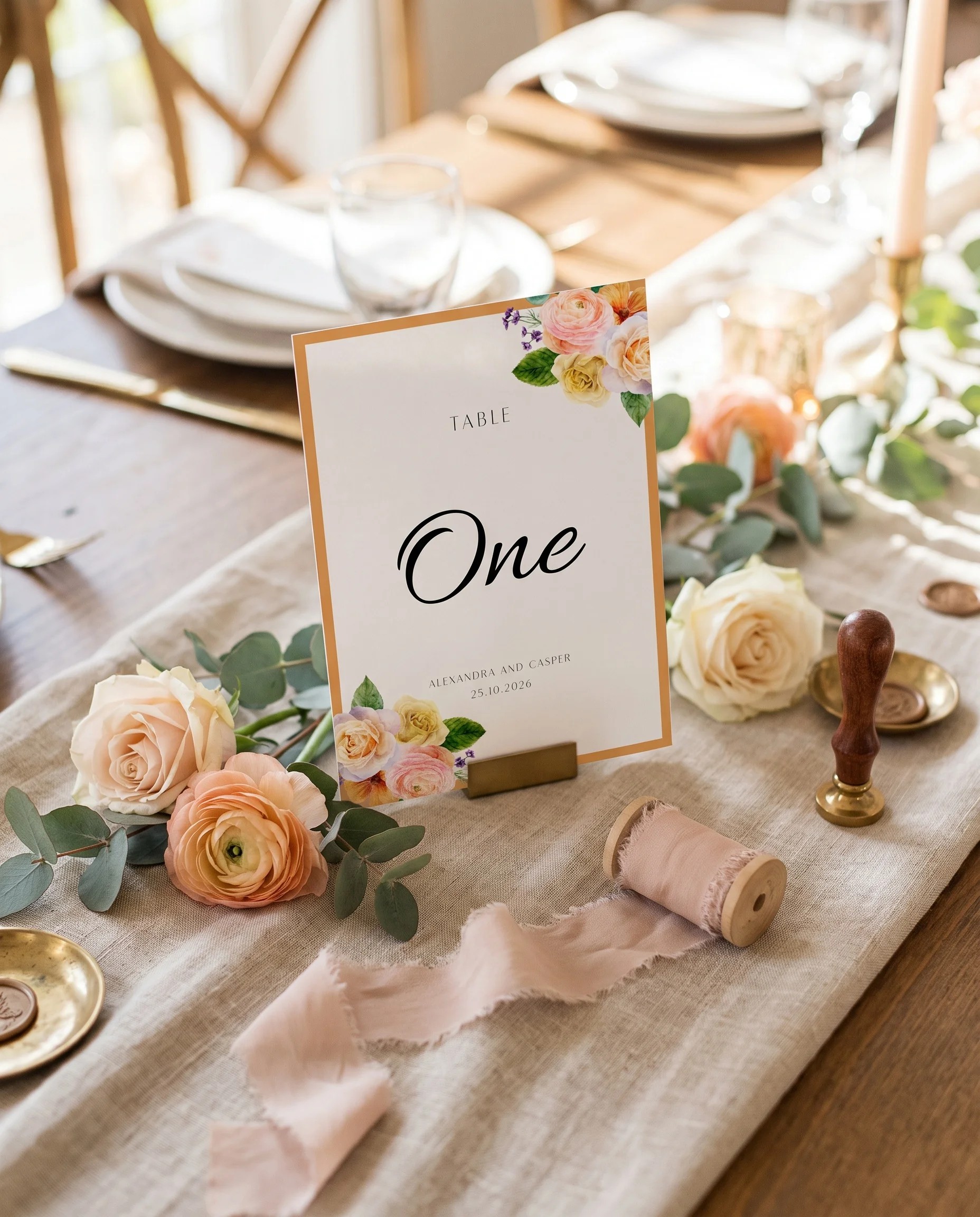 Petal Glade wedding table number — standing upright on a dressed table under soft overhead natural light, table numbers wedding.