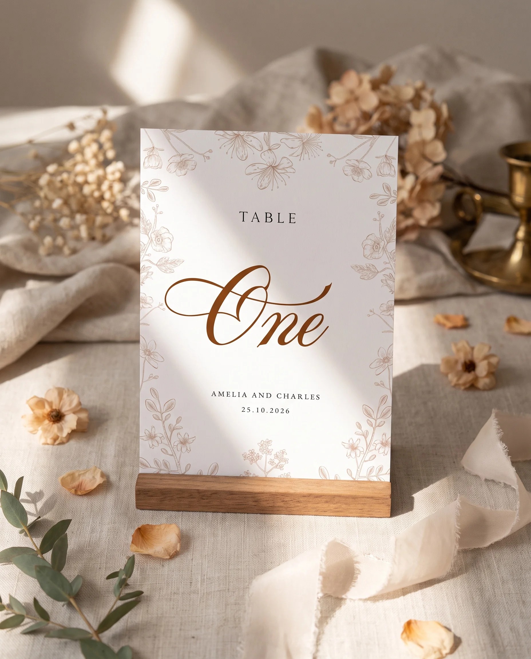 Petalcrest wedding table number — standing upright on a dressed table under soft natural light, table numbers wedding