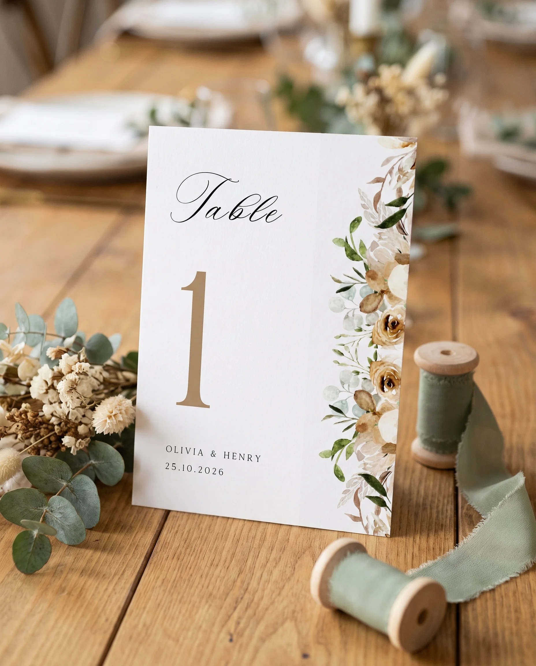 Meadow Veil wedding table number — standing upright on a dressed table under soft natural light, table numbers wedding