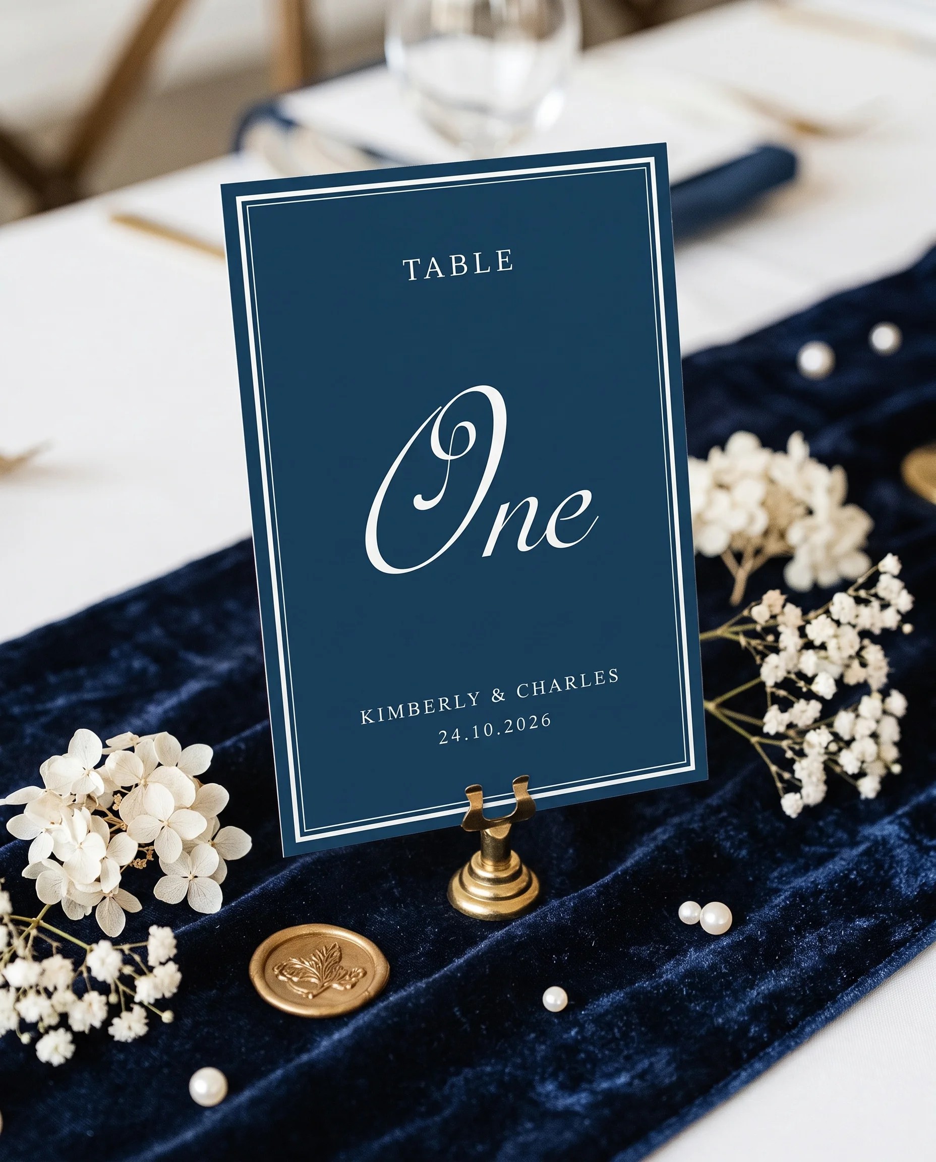 Windsor Crown wedding table number — standing upright on a dressed table under soft natural light, table numbers wedding.