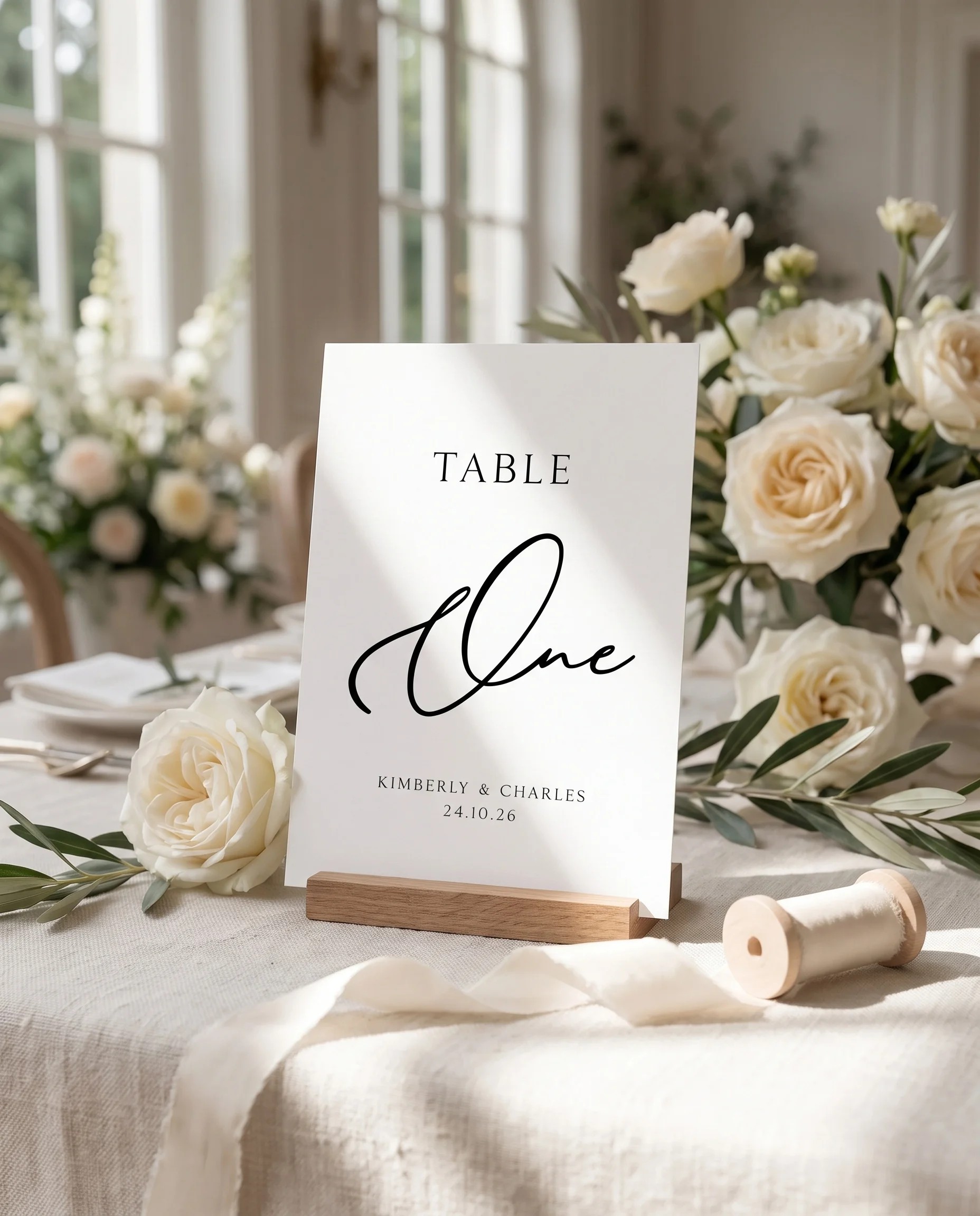 Quiet Line wedding table number — standing upright on a dressed table under soft natural light, table numbers wedding.