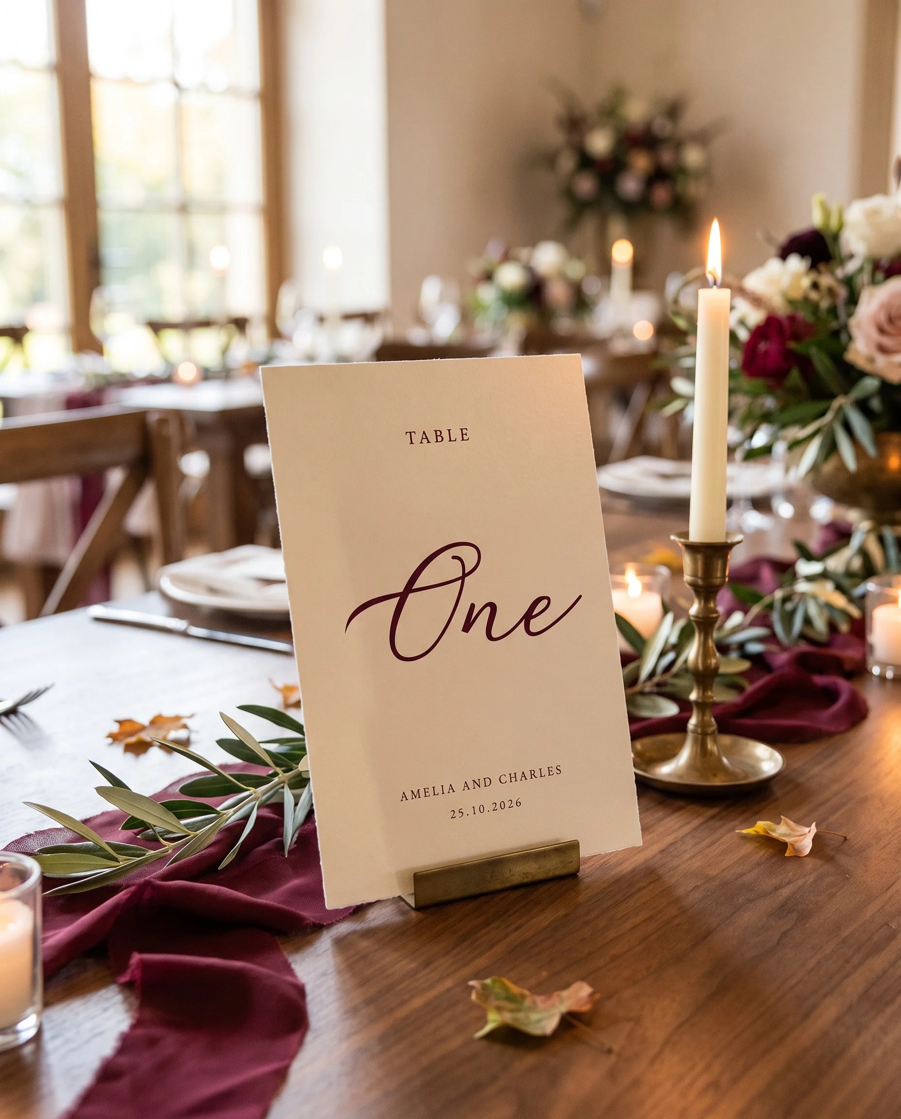 Claret Vine wedding table number — standing upright on a dressed table under soft overhead light, table numbers wedding.