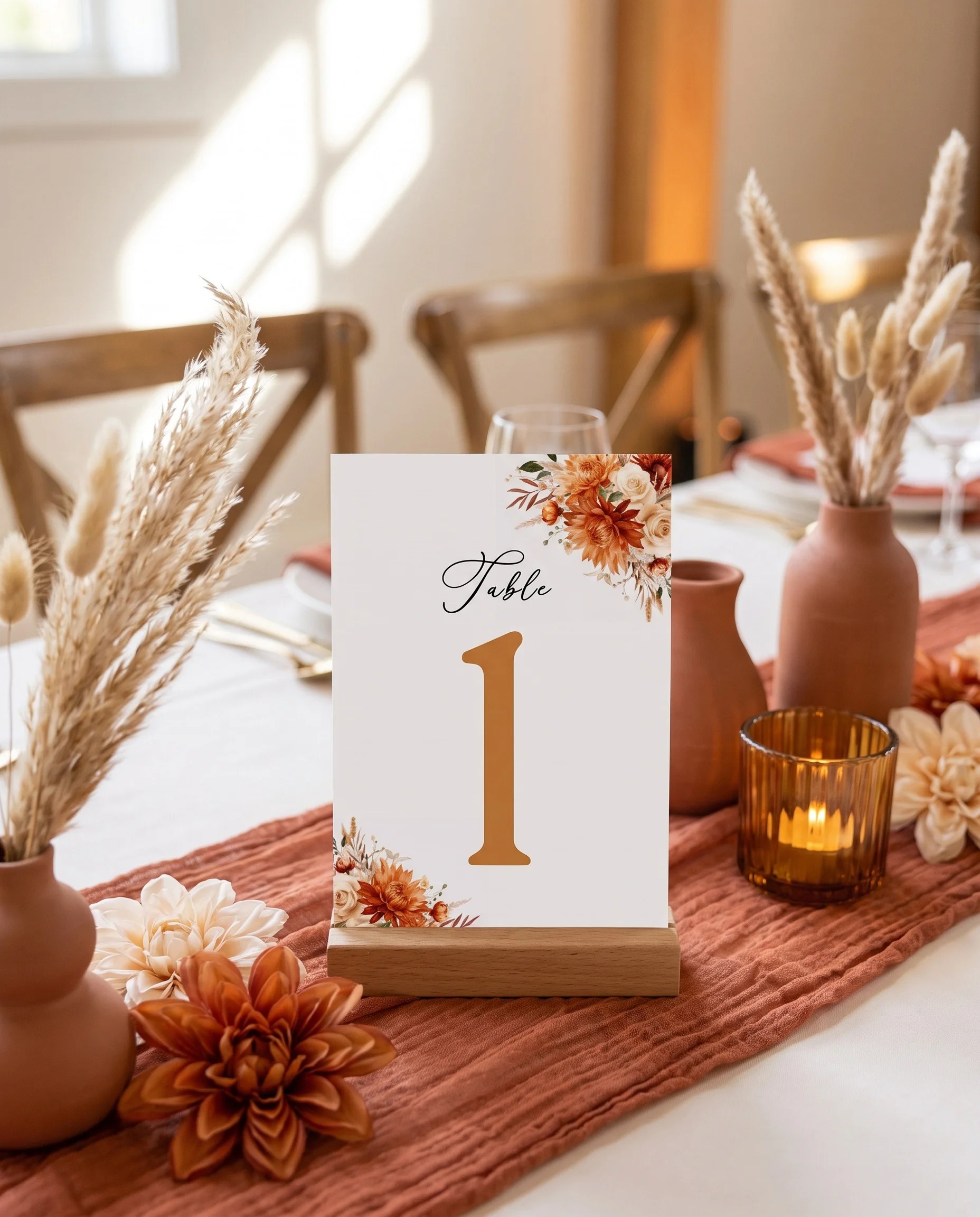 Marigold wedding table number — standing upright on a dressed table under soft natural light, table numbers wedding.