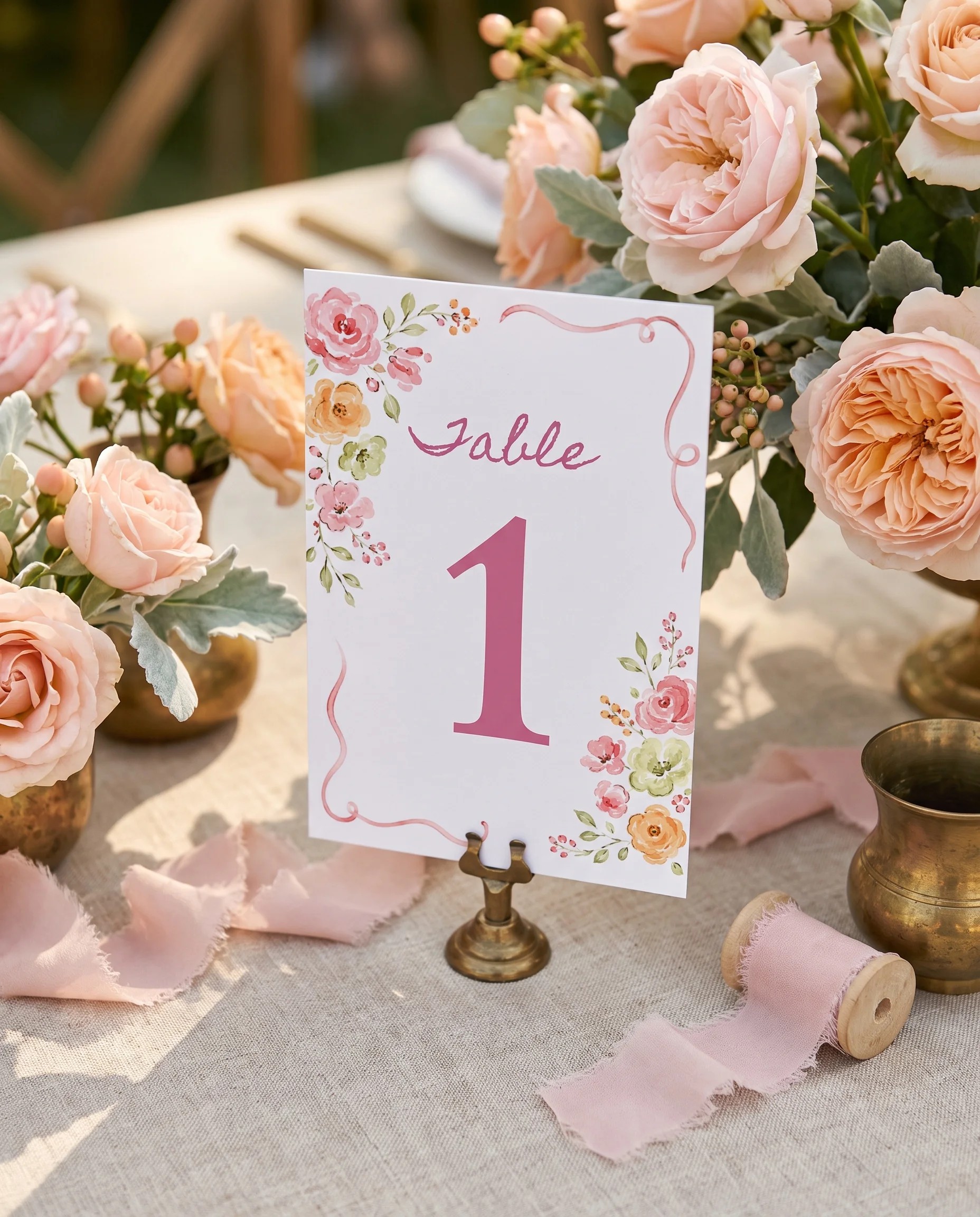 Blush Garland wedding table number — standing upright on a dressed table under soft natural light, table numbers wedding.