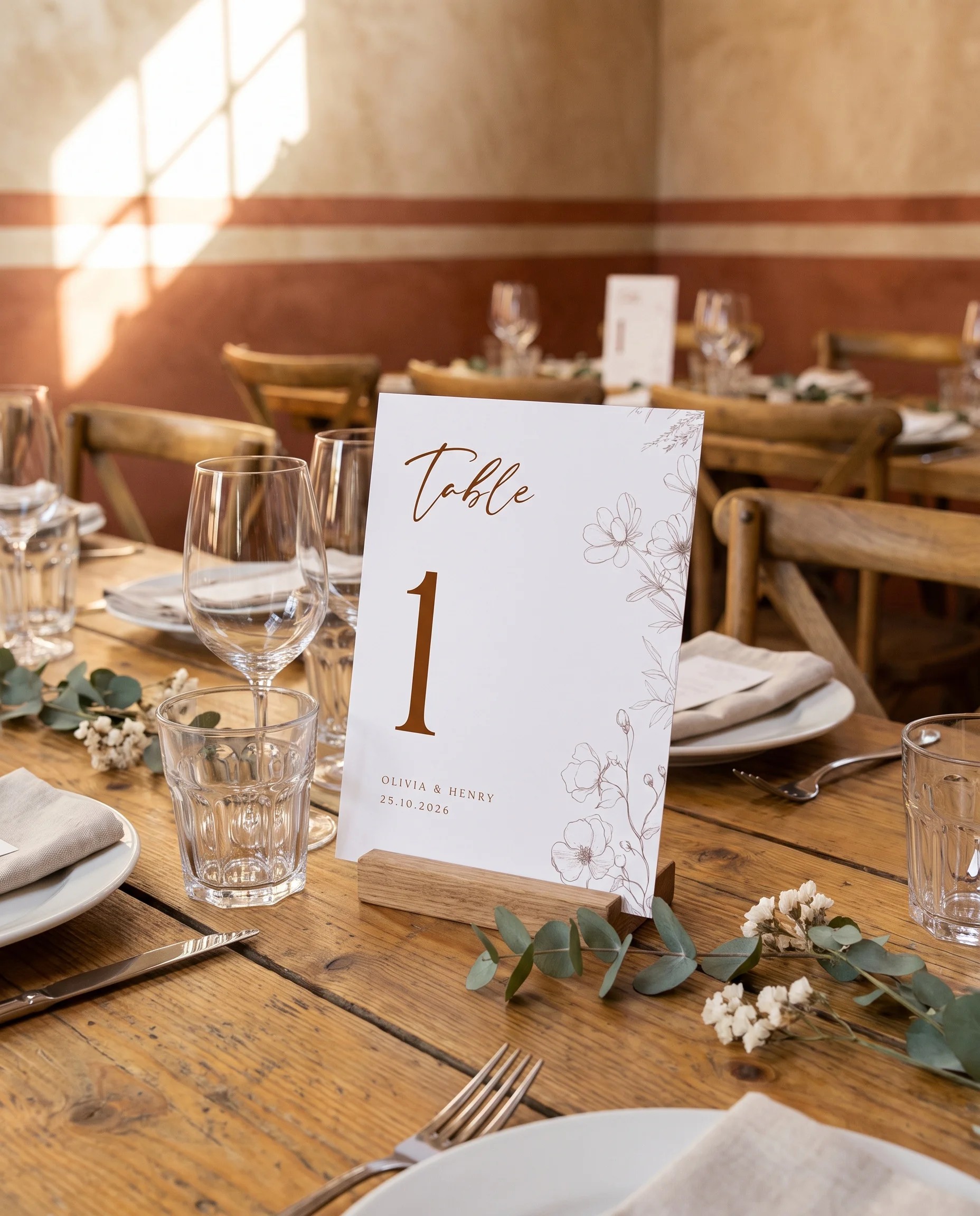 Arrow Bloom wedding table number — displayed on a set reception table under soft overhead light, table number signs
