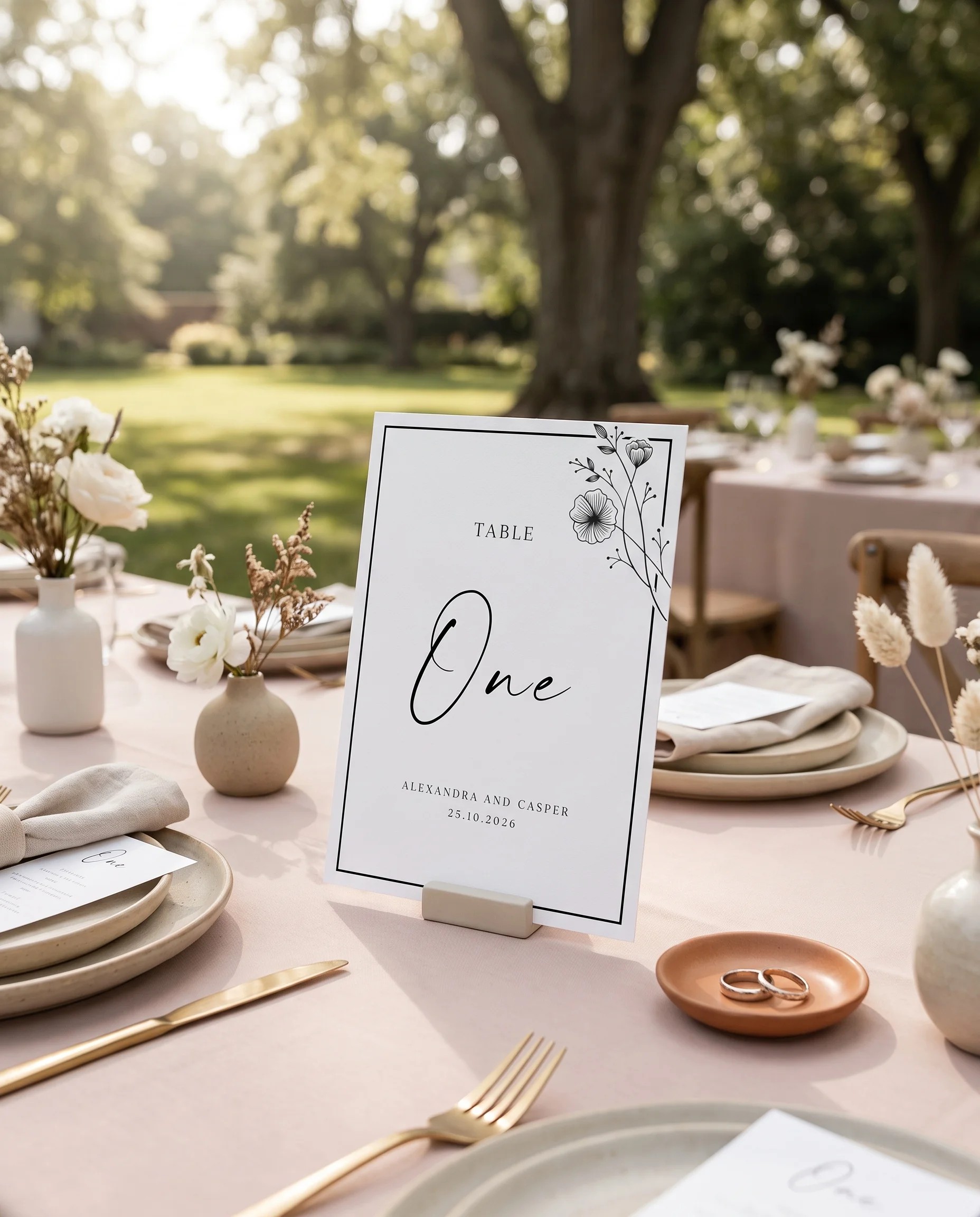Hush Bloom wedding table number — standing upright on a dressed table under soft natural light, table numbers wedding.