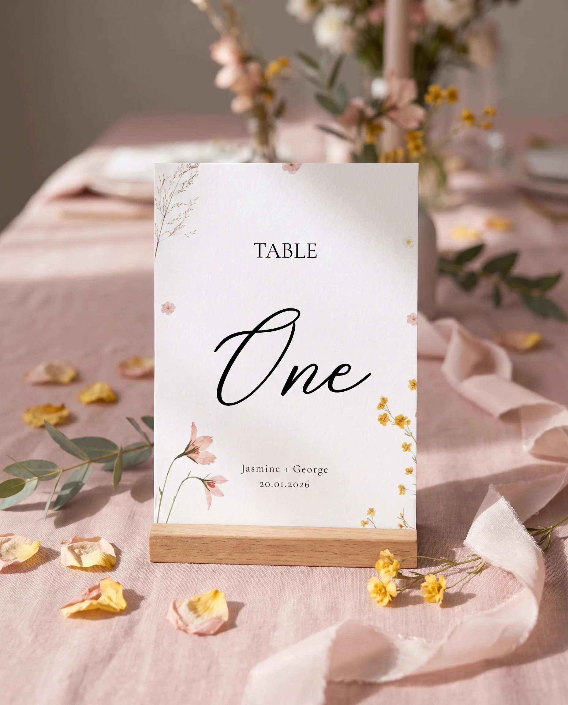 Marigold Petal wedding table number — standing upright on a dressed table in soft natural light, table numbers wedding